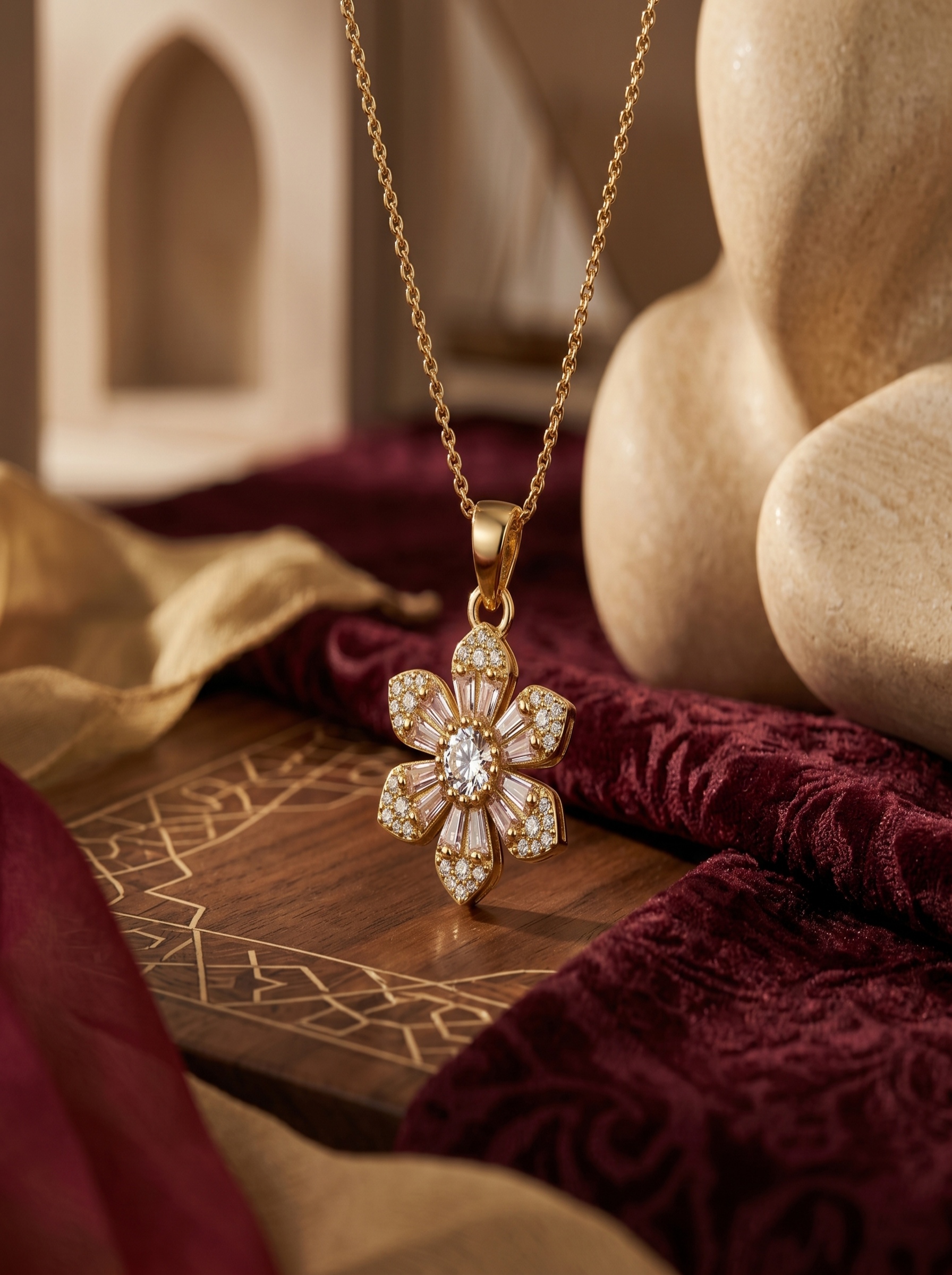 Glamorous Gold and Pink Flower Jewelry Set with Necklace, Earrings, Ring, Bracelet