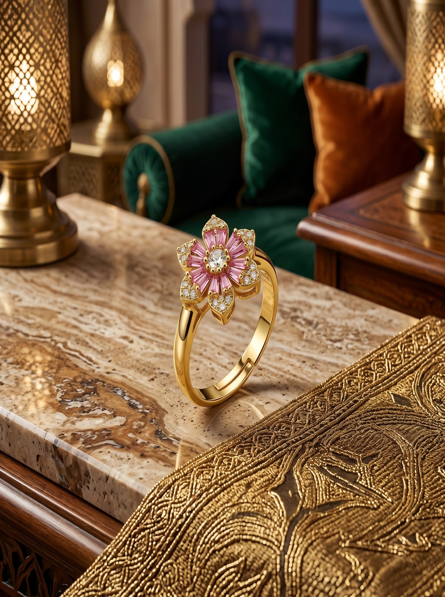 Glamorous Gold and Pink Flower Jewelry Set with Necklace, Earrings, Ring, Bracelet