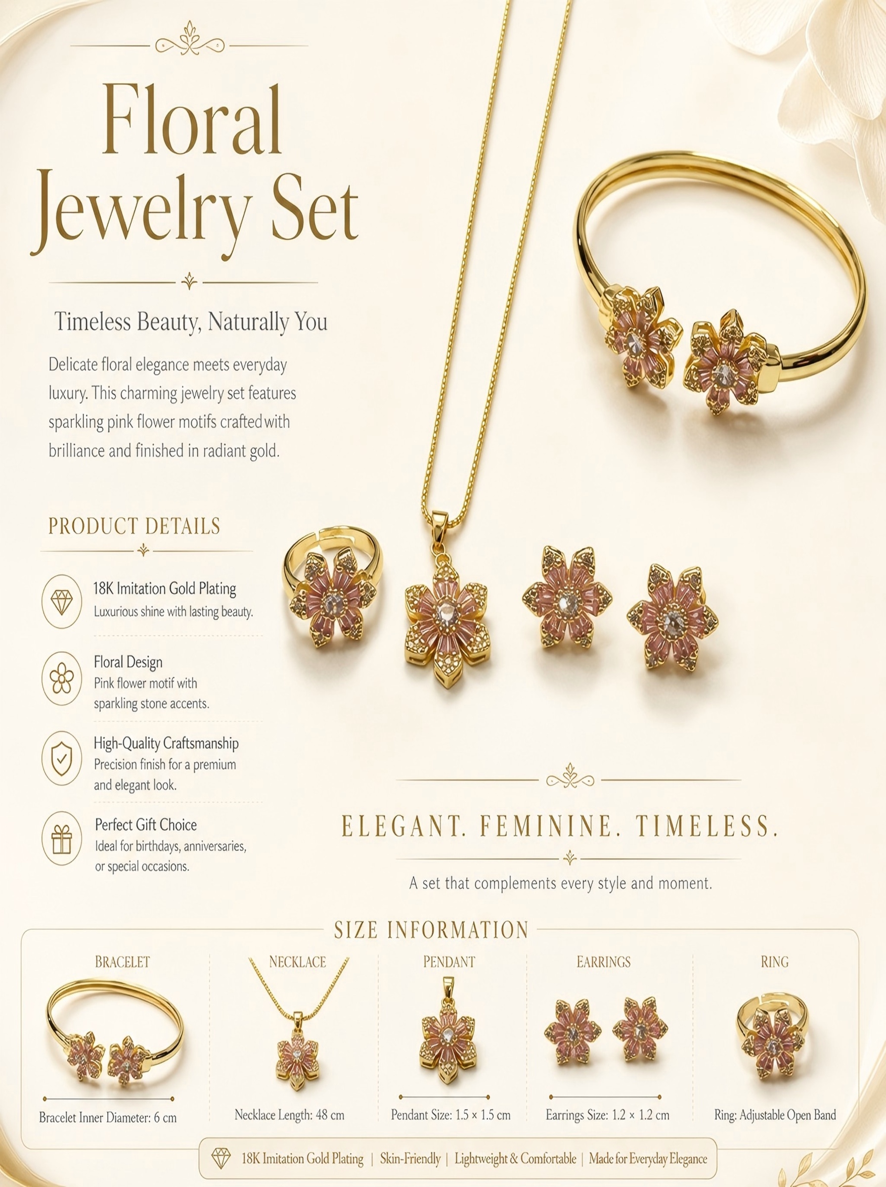 Glamorous Gold and Pink Flower Jewelry Set with Necklace, Earrings, Ring, Bracelet