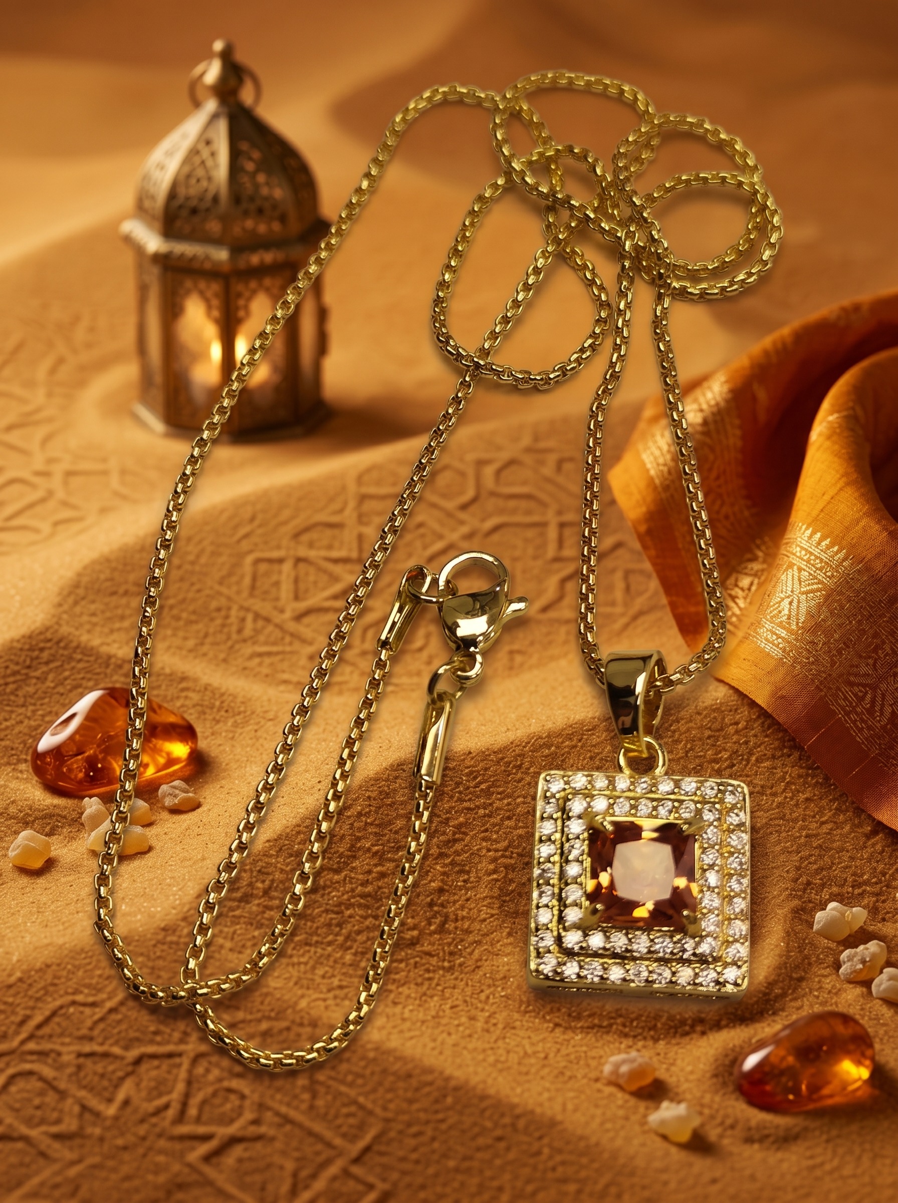 Gold Square Jewelry Set with Necklace, Earrings, Ring and Bracelet