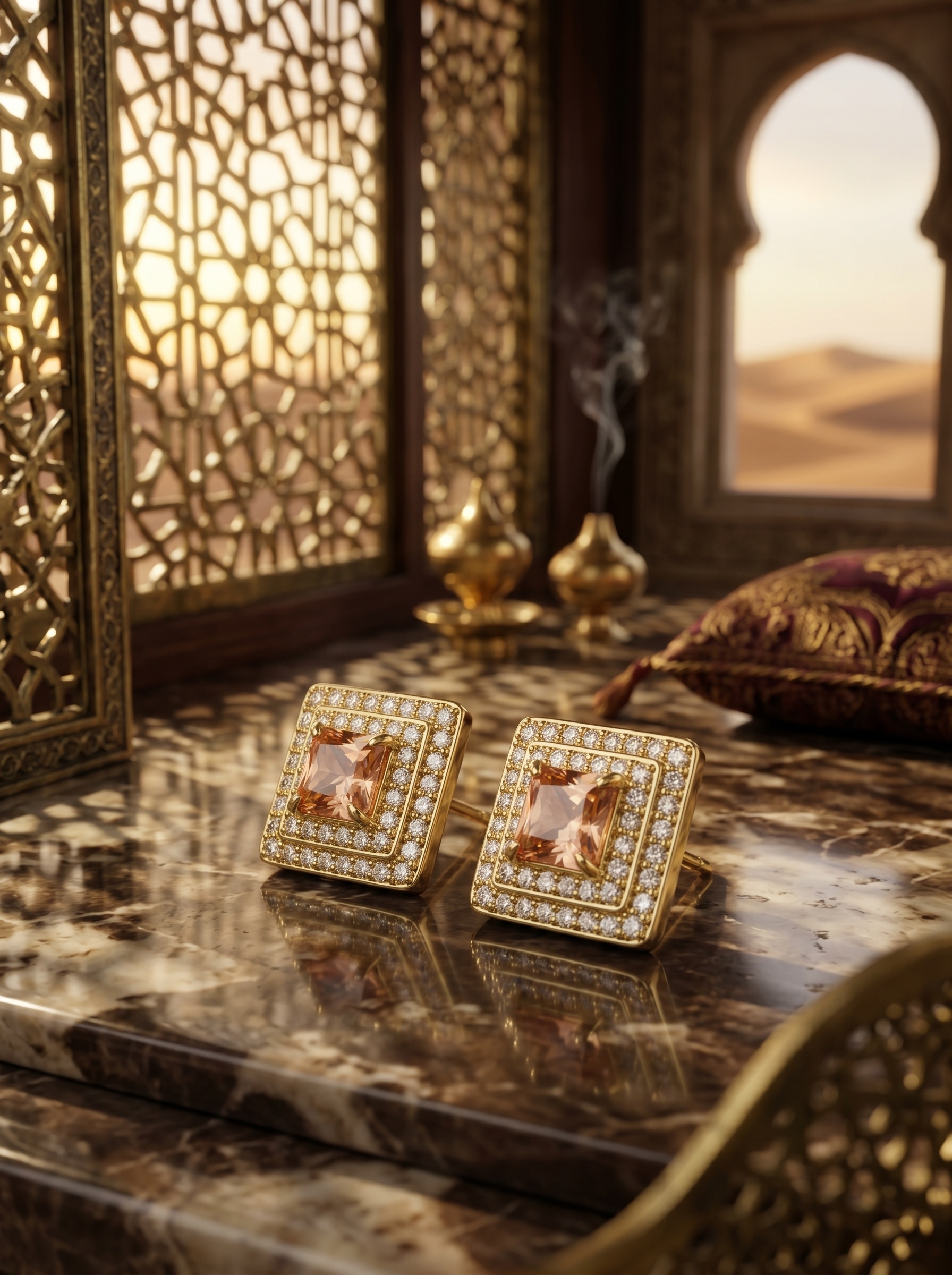 Gold Square Jewelry Set with Necklace, Earrings, Ring and Bracelet