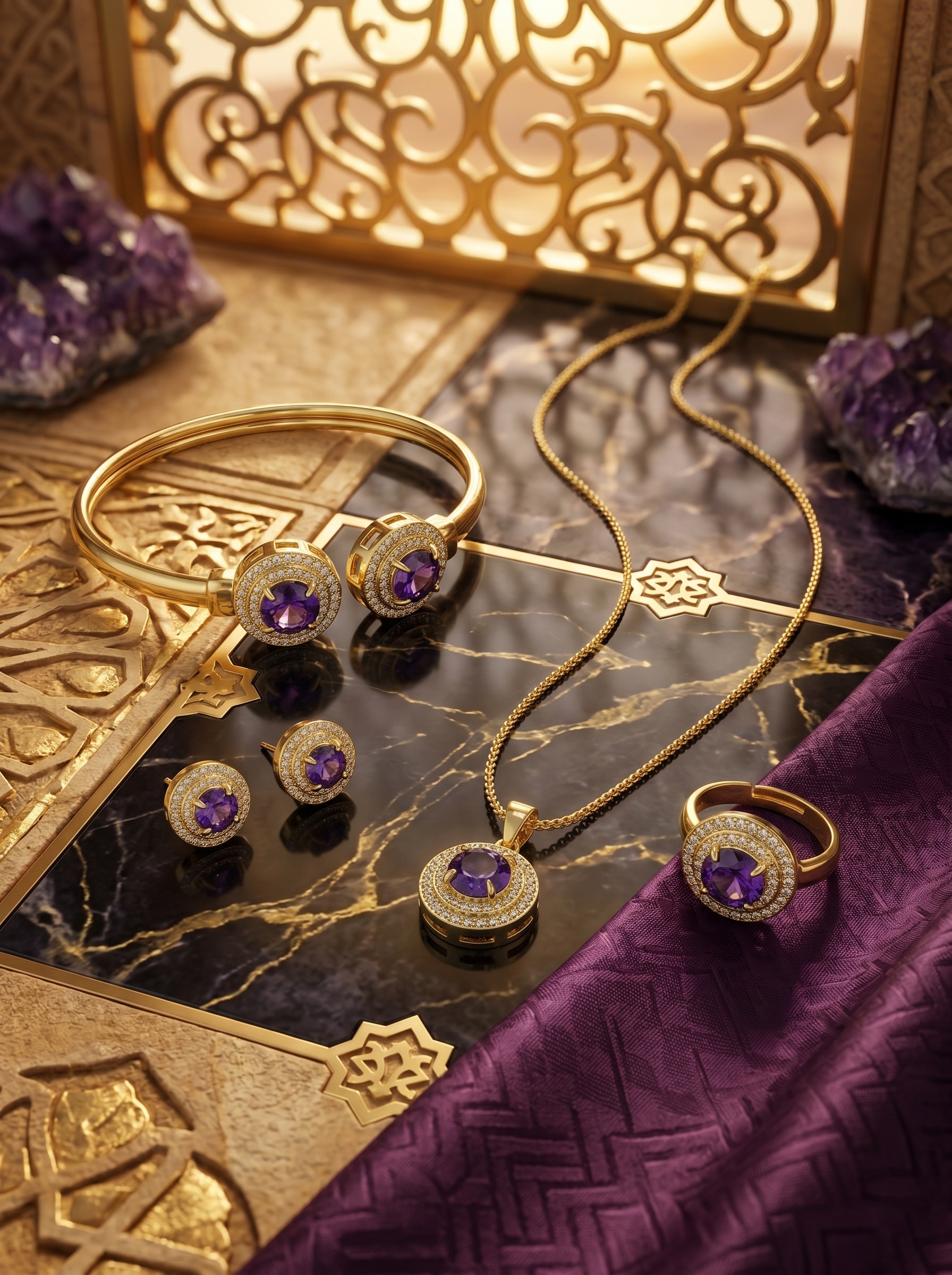 Gold and Amethyst 4-Piece Jewelry Set with Necklace, Bracelet, Earrings and Ring