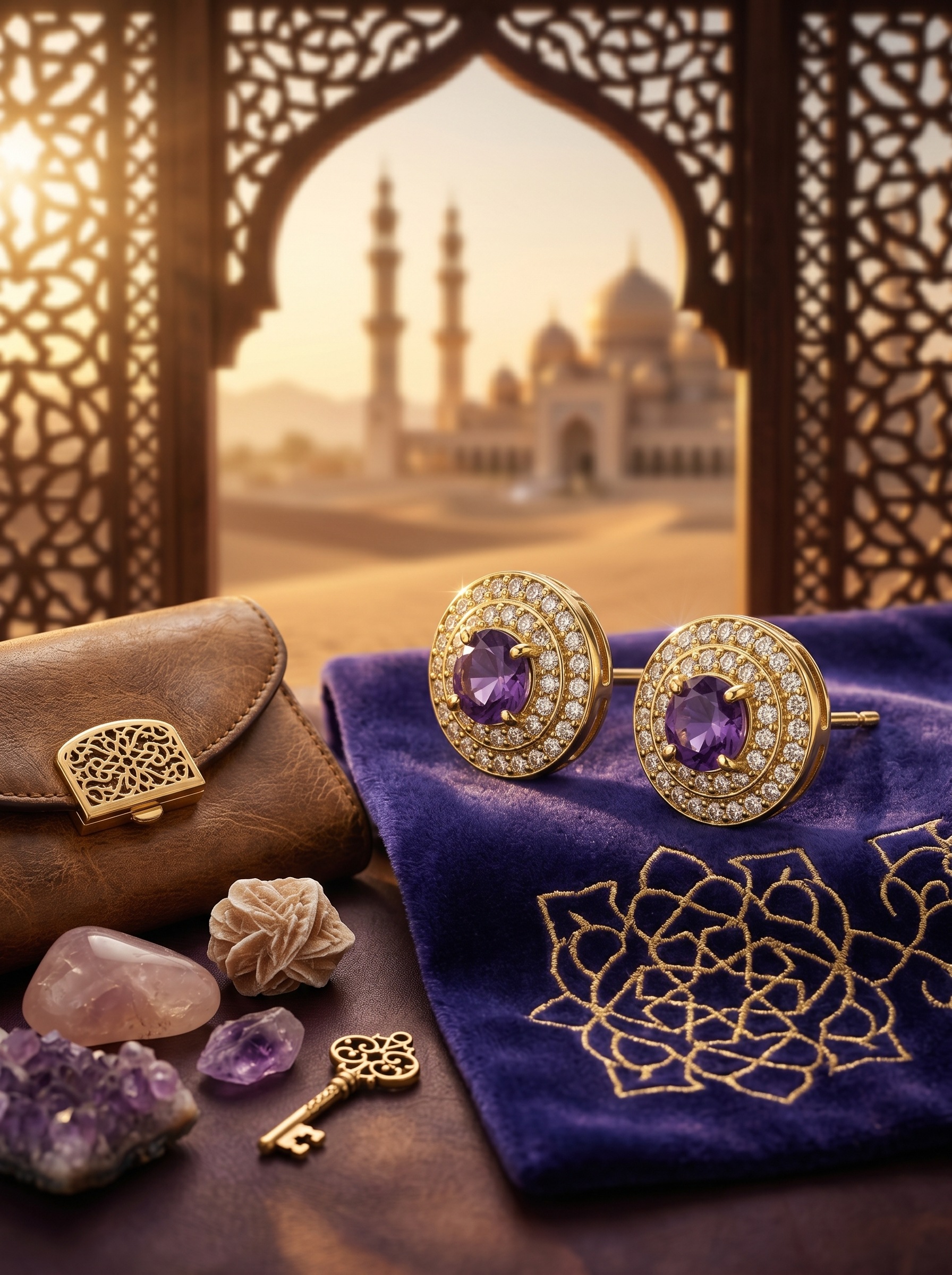 Gold and Amethyst 4-Piece Jewelry Set with Necklace, Bracelet, Earrings and Ring