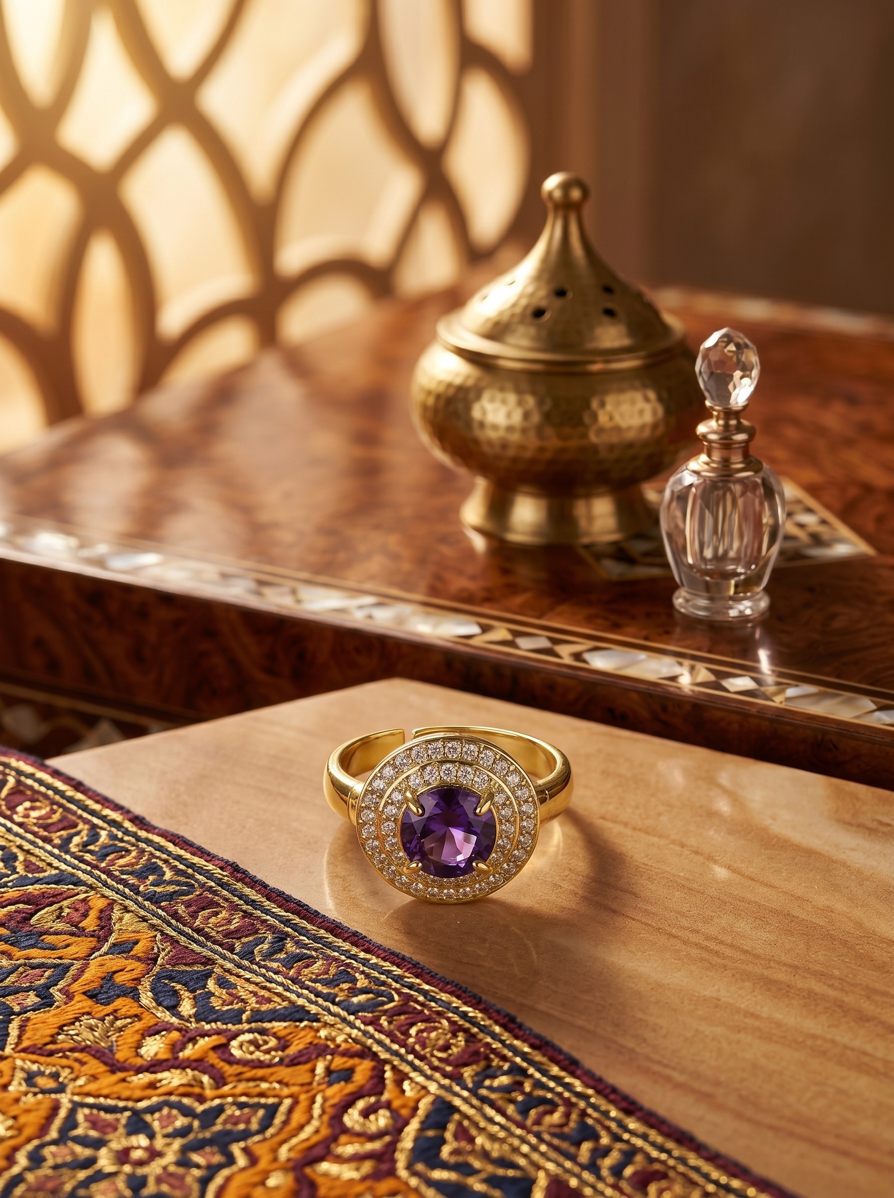 Gold and Amethyst 4-Piece Jewelry Set with Necklace, Bracelet, Earrings and Ring