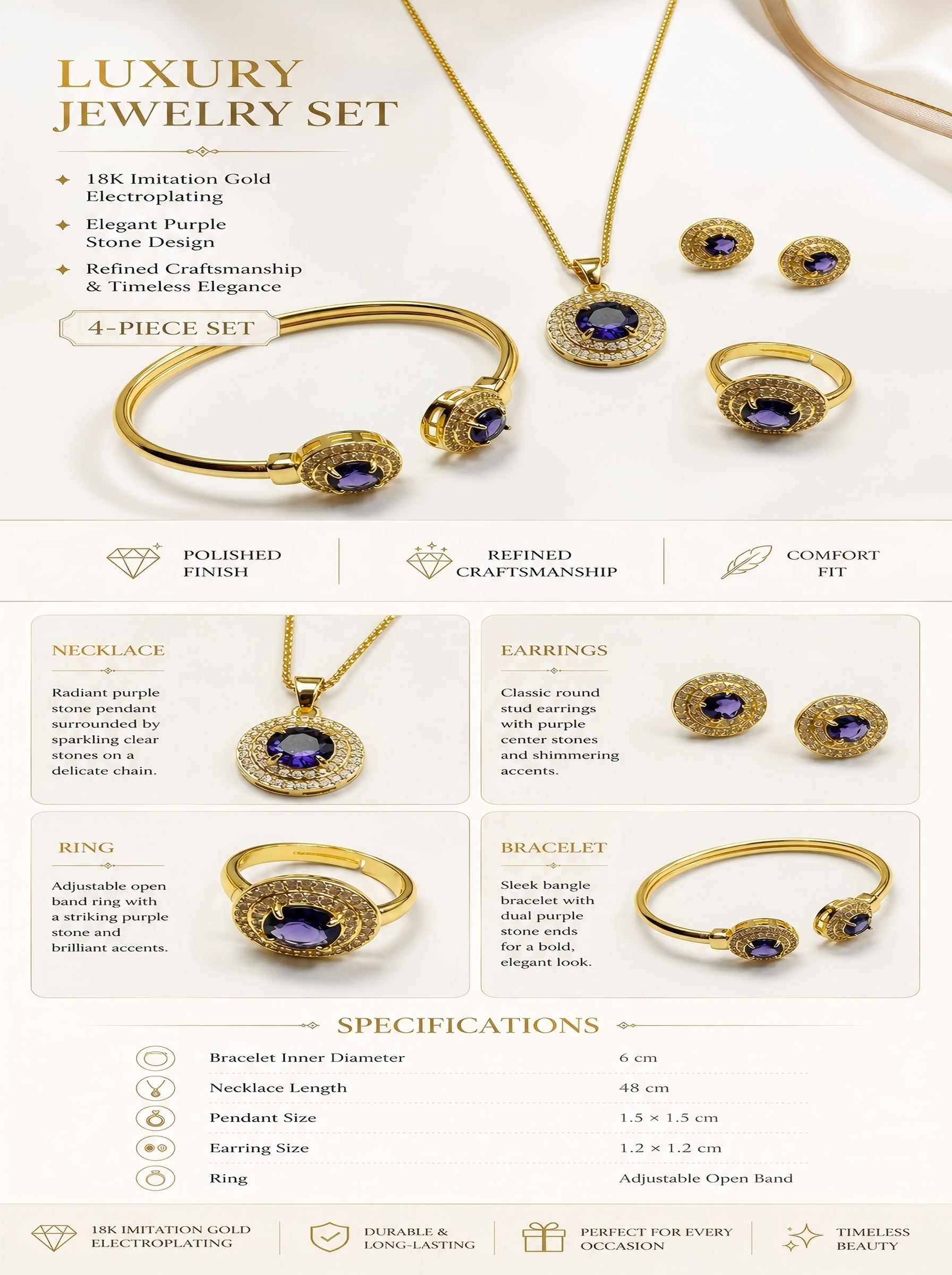 Gold and Amethyst 4-Piece Jewelry Set with Necklace, Bracelet, Earrings and Ring