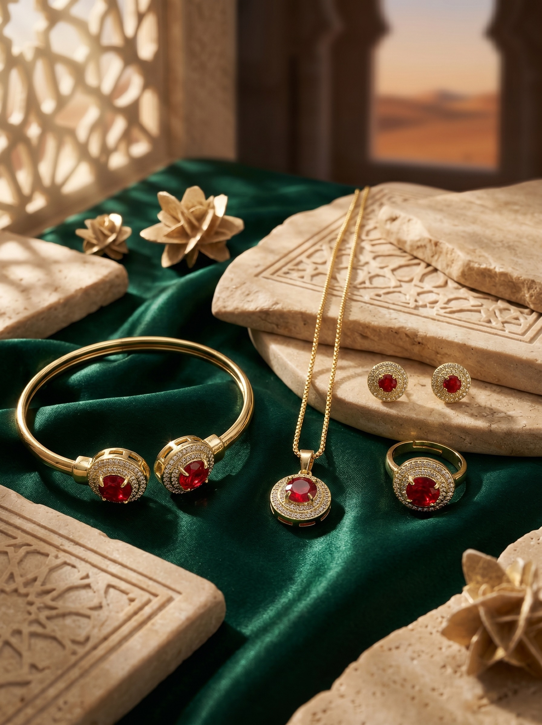 Glamorous Red and Gold Jewelry Set with Necklace, Earrings, Ring and Bracelet