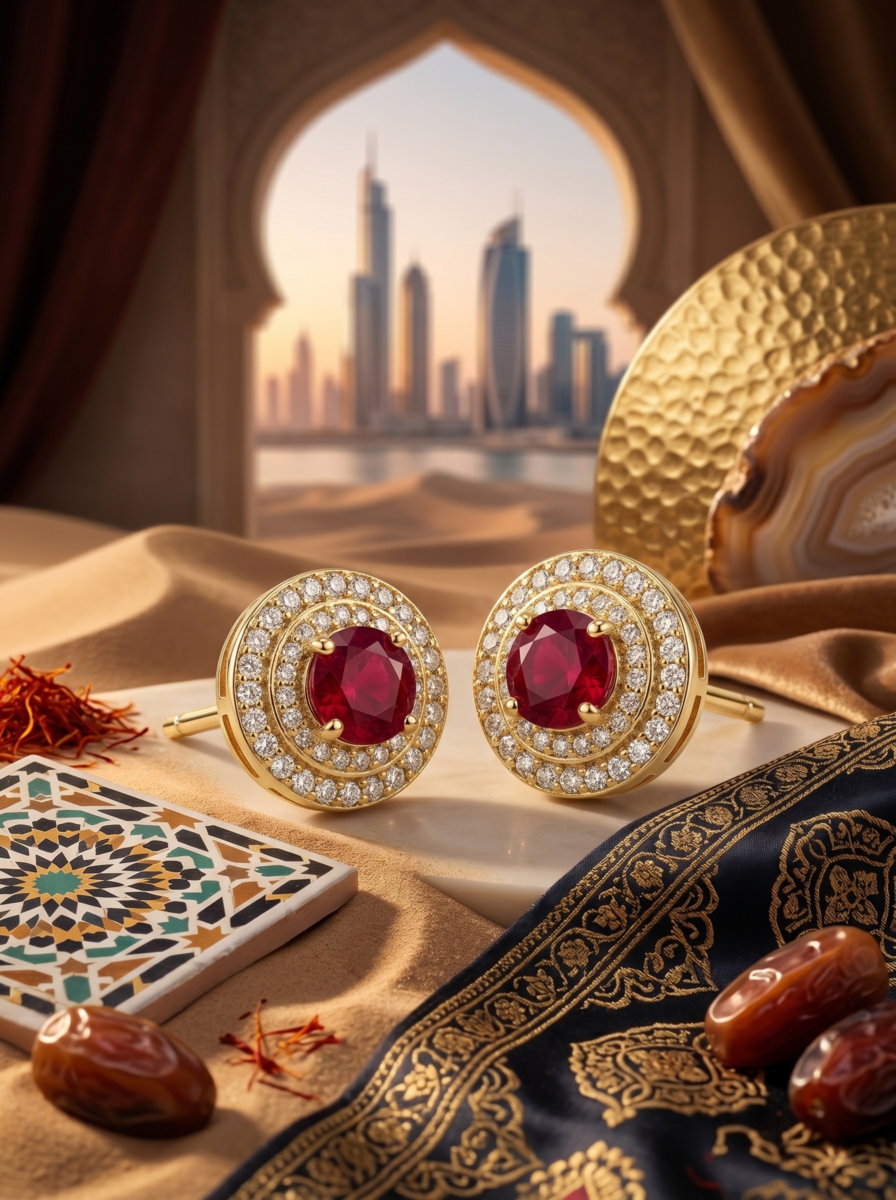 Glamorous Red and Gold Jewelry Set with Necklace, Earrings, Ring and Bracelet