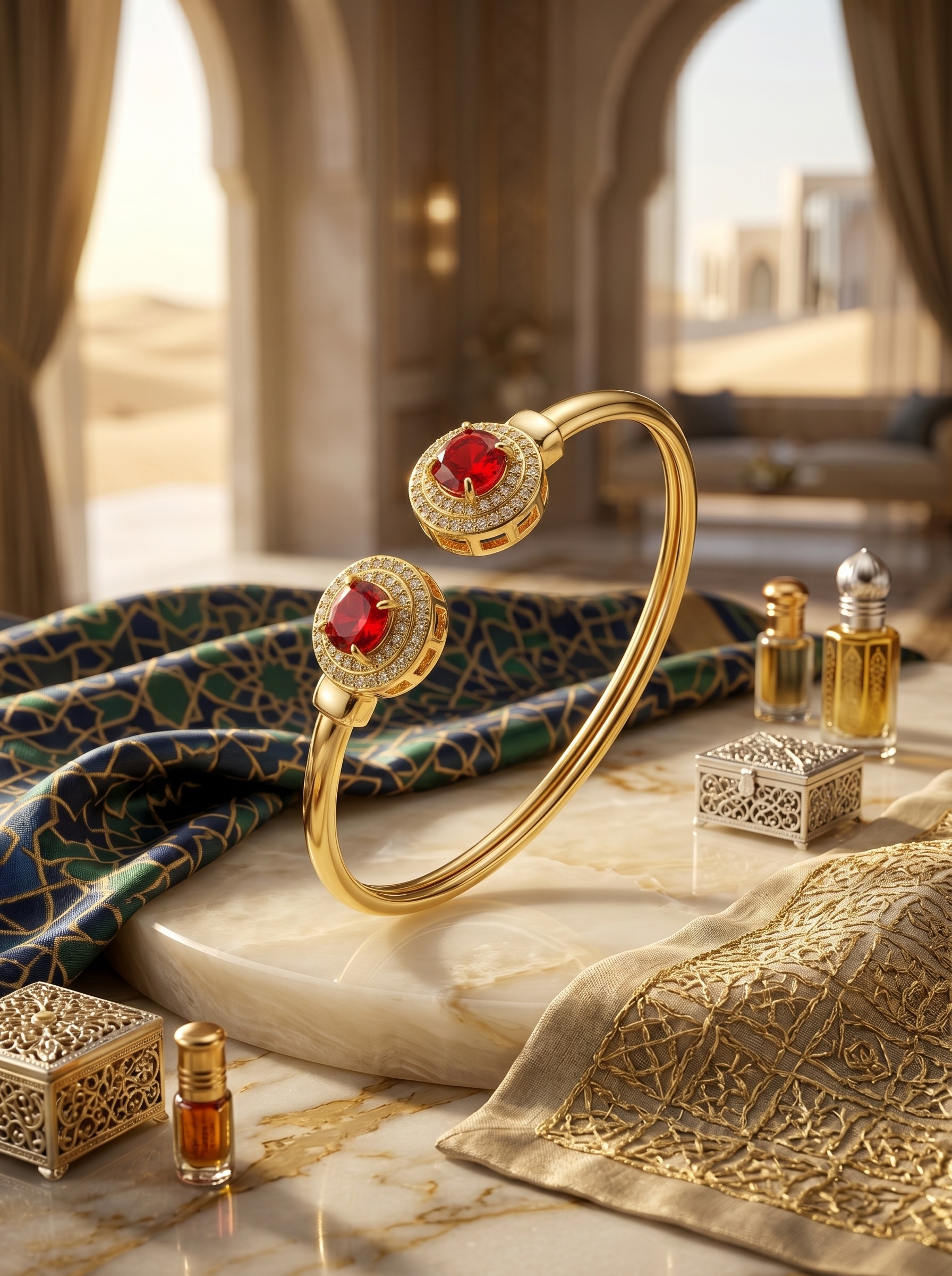 Glamorous Red and Gold Jewelry Set with Necklace, Earrings, Ring and Bracelet