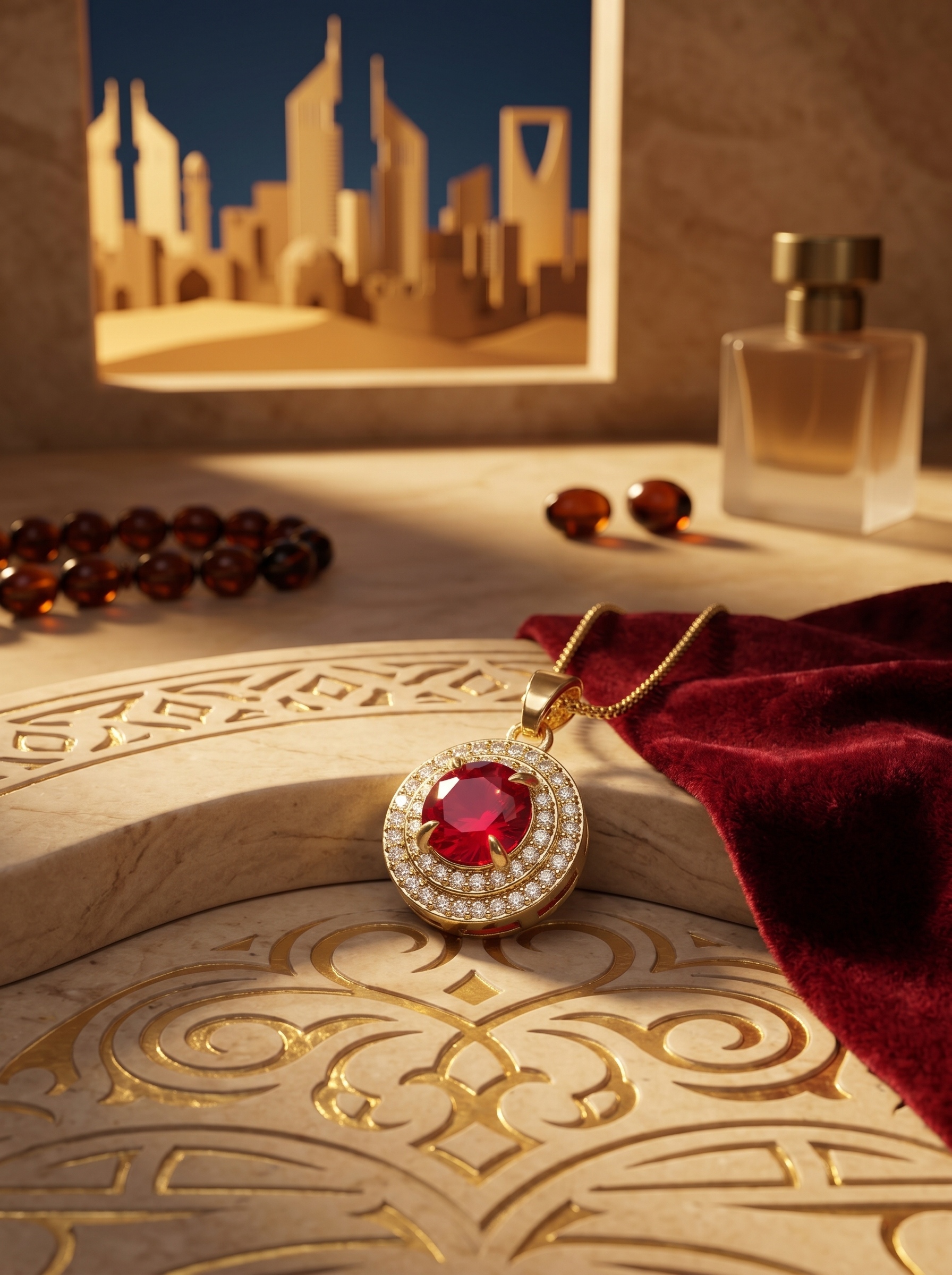Glamorous Red and Gold Jewelry Set with Necklace, Earrings, Ring and Bracelet