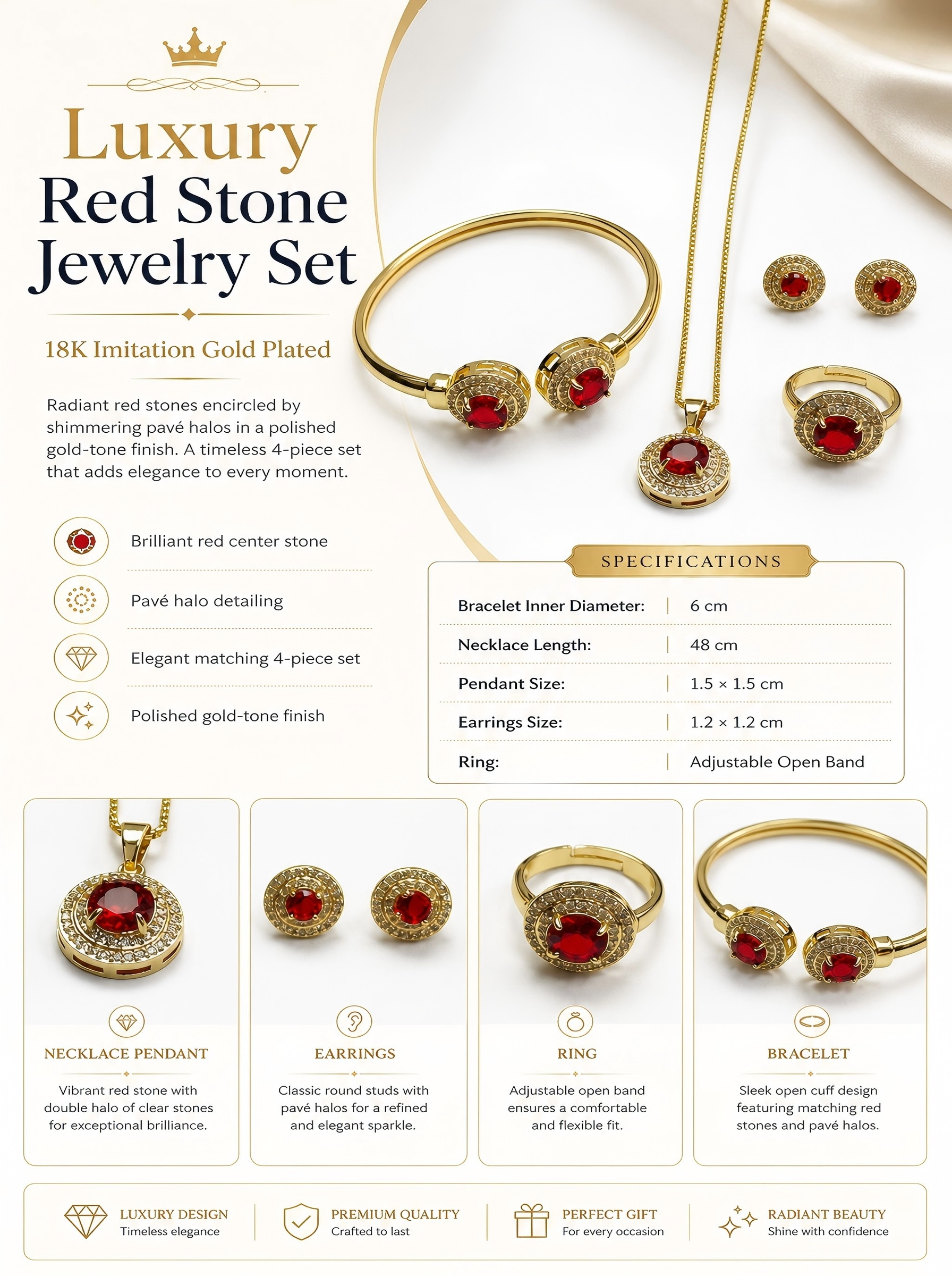 Glamorous Red and Gold Jewelry Set with Necklace, Earrings, Ring and Bracelet