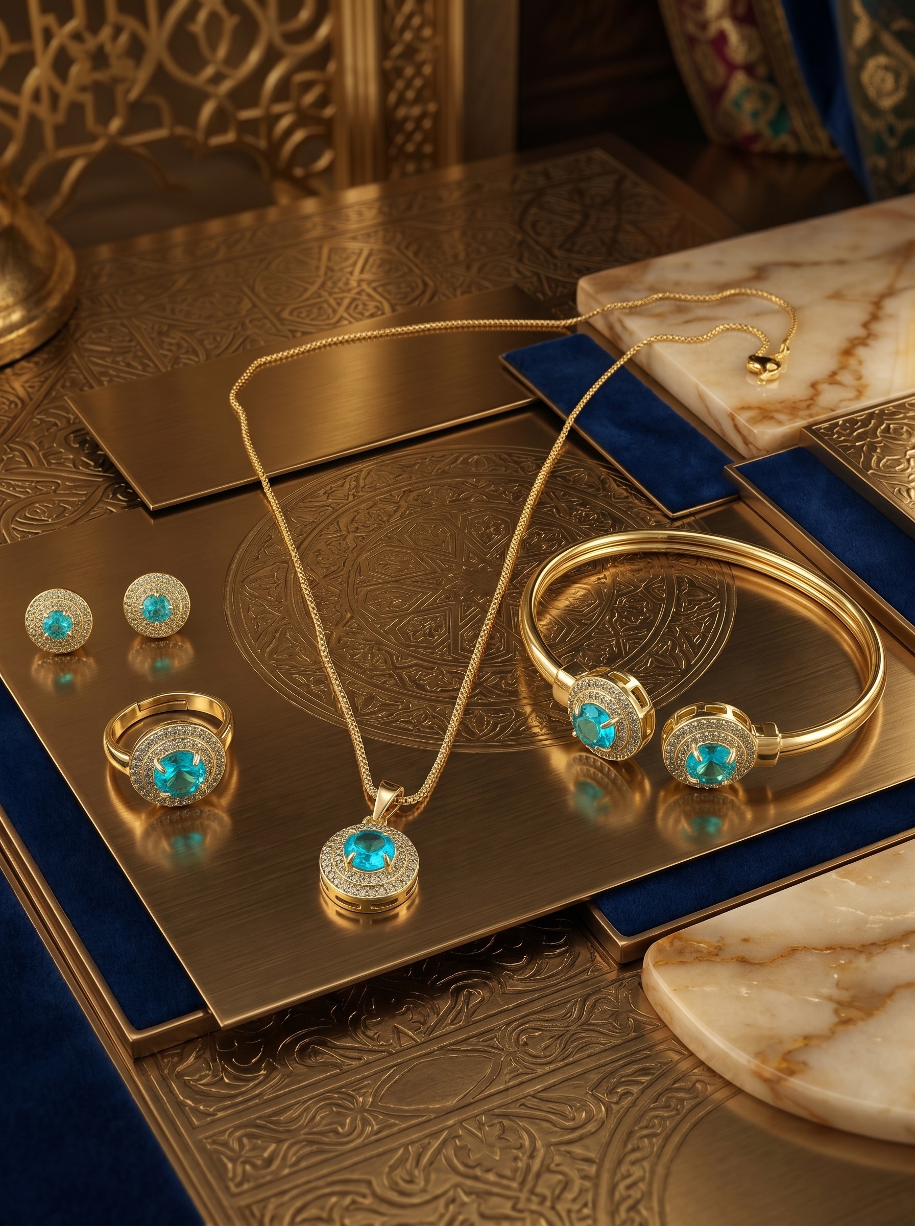 Gold-Plated Light Blue Gemstone 4-Piece Jewelry Set with Necklace, Earrings, Ring and Bracelet