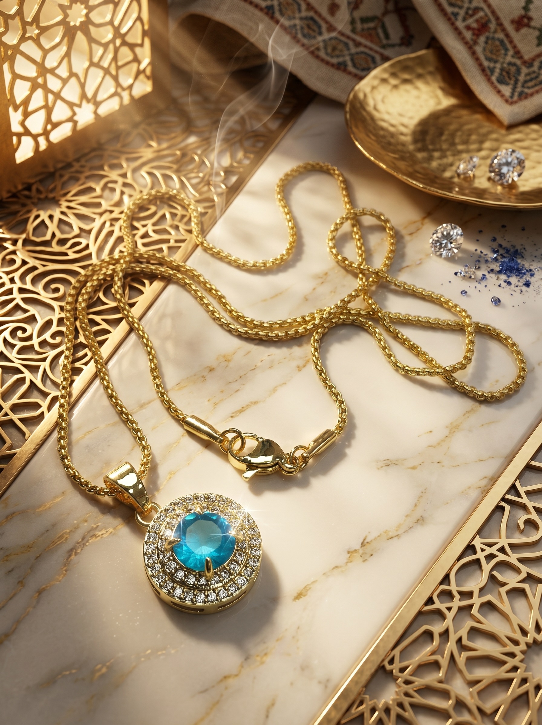 Gold-Plated Light Blue Gemstone 4-Piece Jewelry Set with Necklace, Earrings, Ring and Bracelet