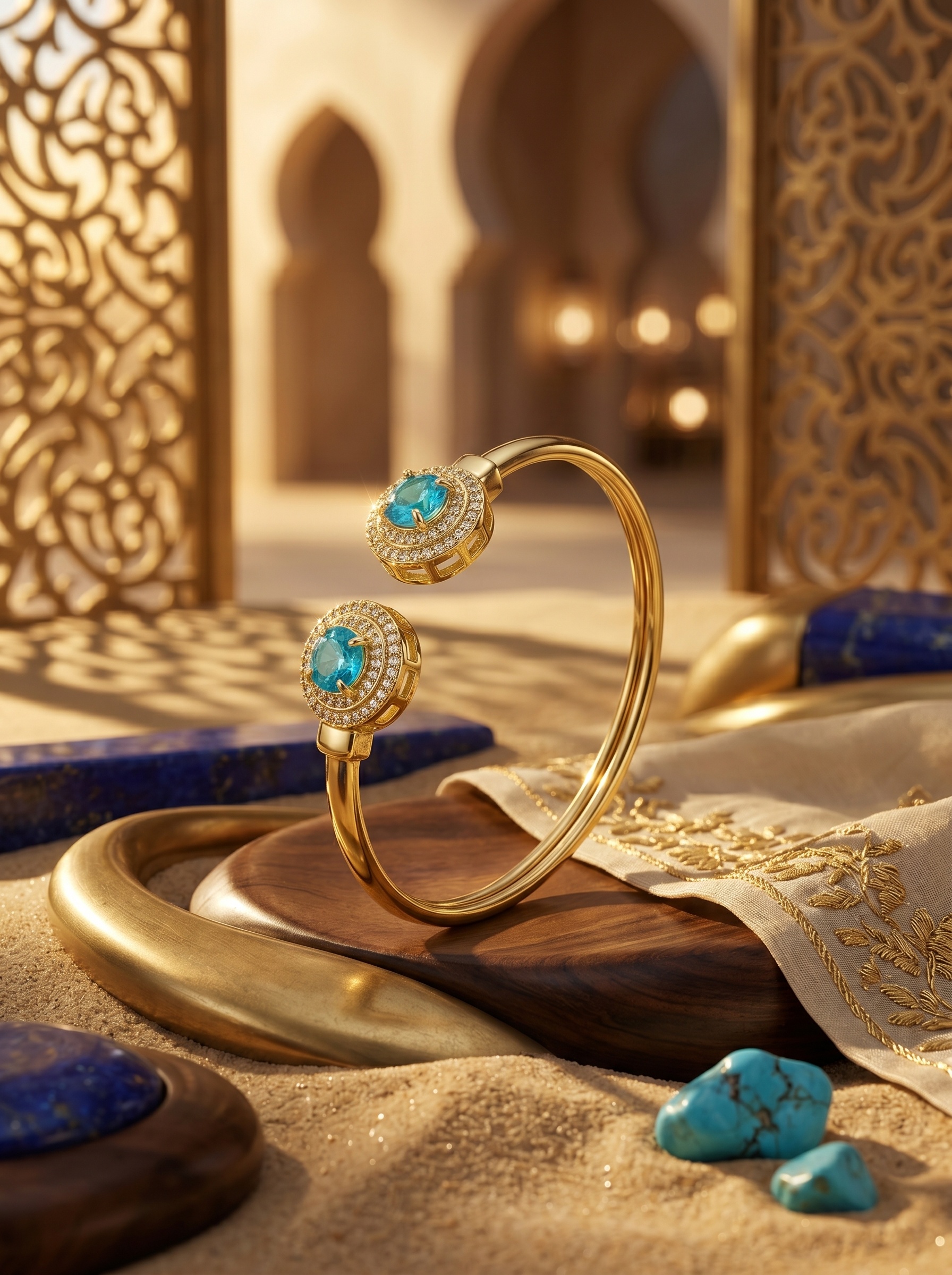 Gold-Plated Light Blue Gemstone 4-Piece Jewelry Set with Necklace, Earrings, Ring and Bracelet
