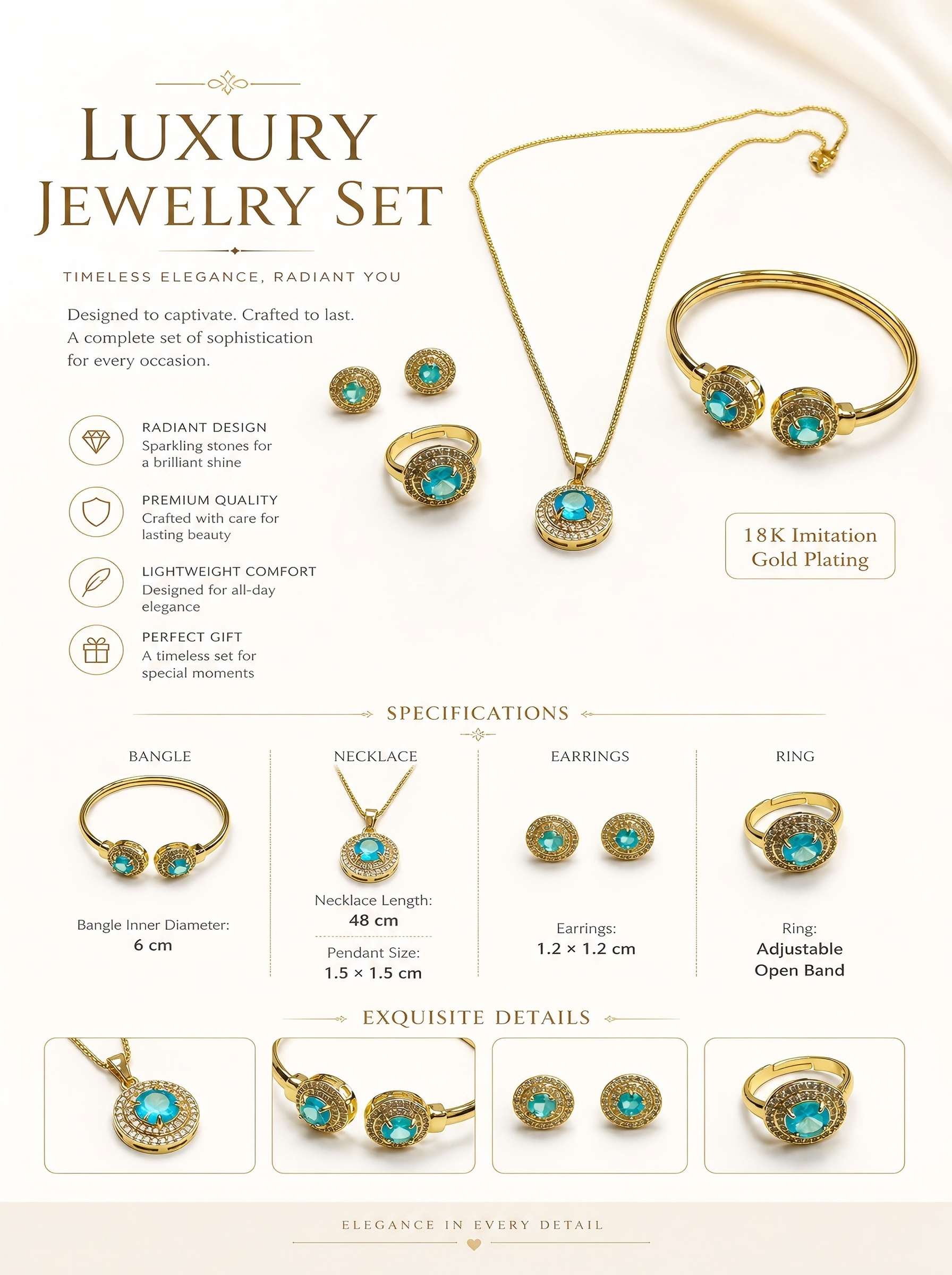 Gold-Plated Light Blue Gemstone 4-Piece Jewelry Set with Necklace, Earrings, Ring and Bracelet