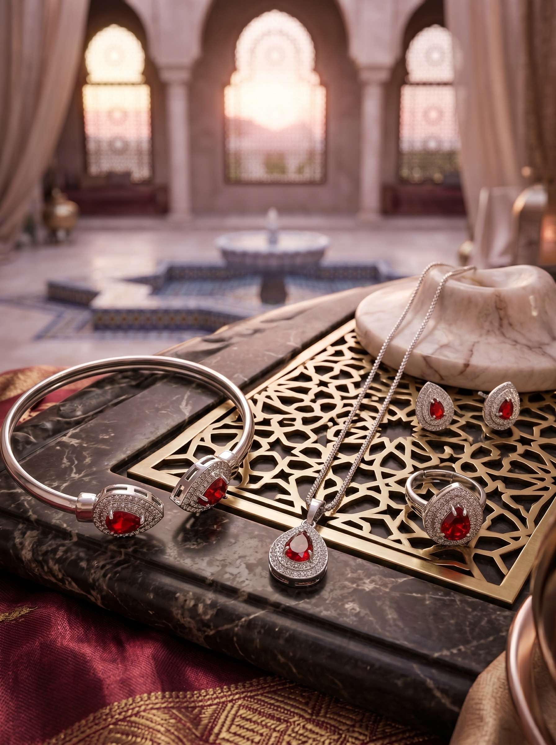 طقم مجوهرات بتصميم قطرة ماء من أقراط وسوار يد وخاتم وقلادة باللون الفضي الأحمر
