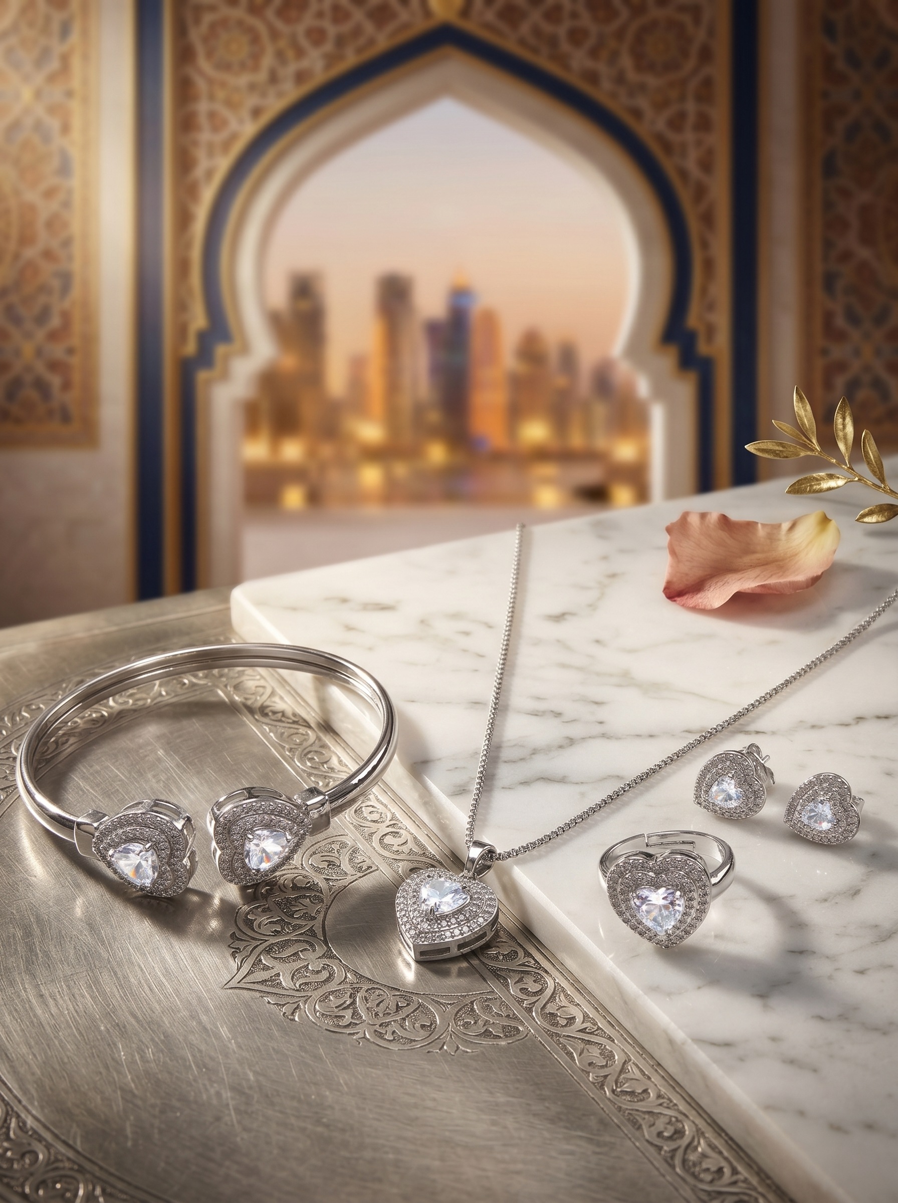 طقم مجوهرات بتصميم قلب من أقراط وسوار يد وخاتم وقلادة باللون الأبيض 4 قطع