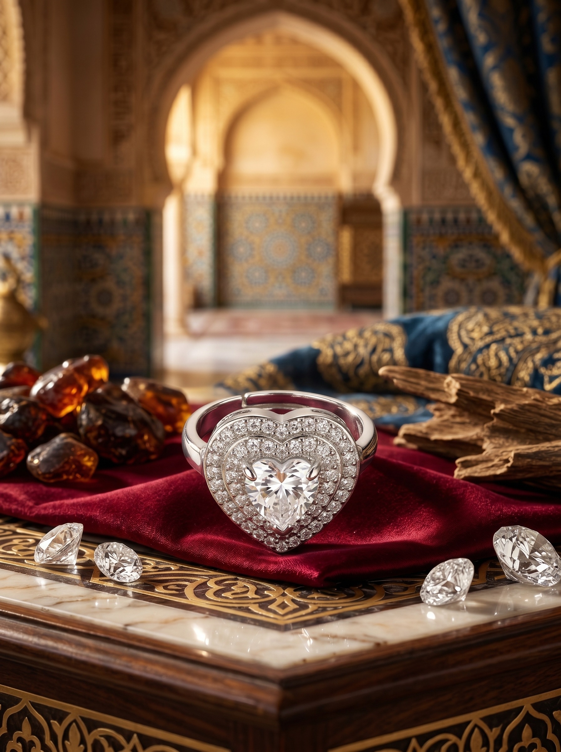 طقم مجوهرات بتصميم قلب من أقراط وسوار يد وخاتم وقلادة باللون الأبيض 4 قطع
