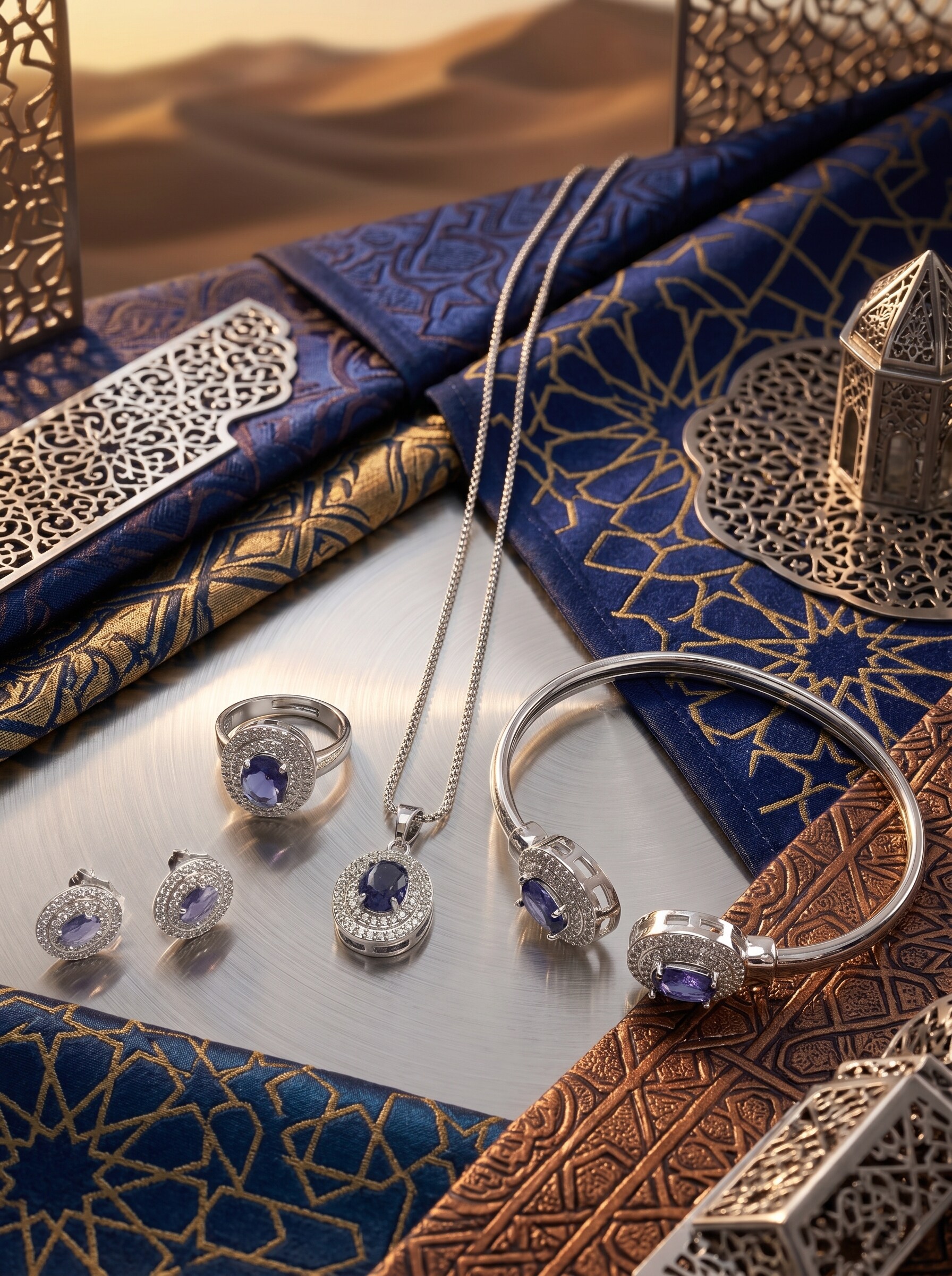 Purple and Silver 4-Piece Jewelry Set with Necklace, Earrings, Ring and Bracelet