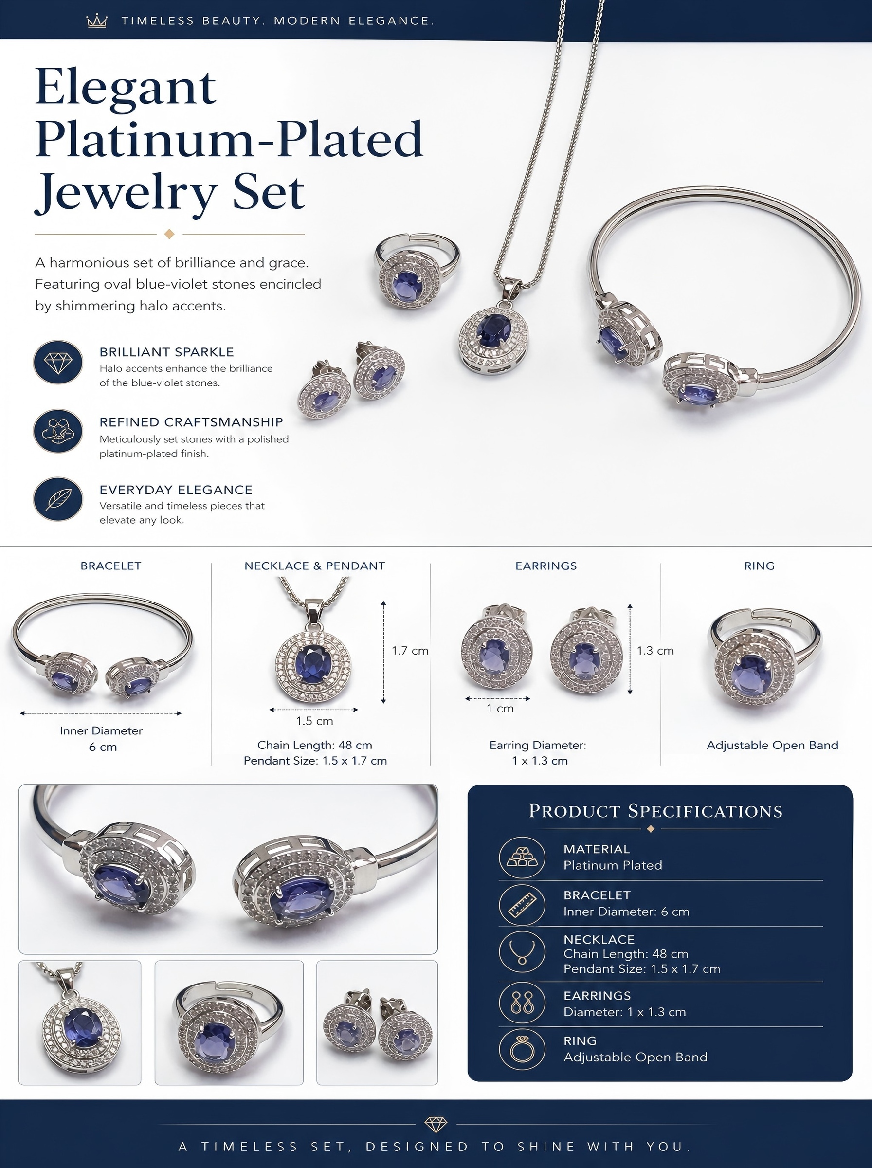 Purple and Silver 4-Piece Jewelry Set with Necklace, Earrings, Ring and Bracelet