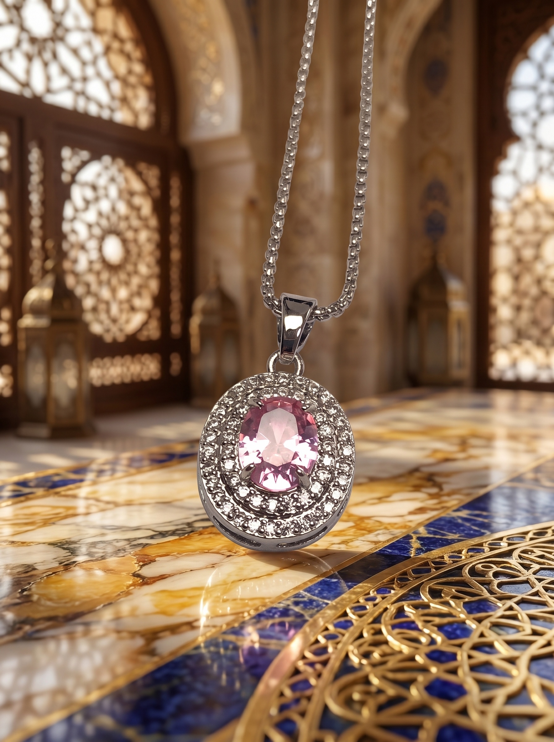 طقم مجوهرات بتصميم بيضاوي من أقراط وسوار يد وخاتم وقلادة باللون الوردي 4 قطع
