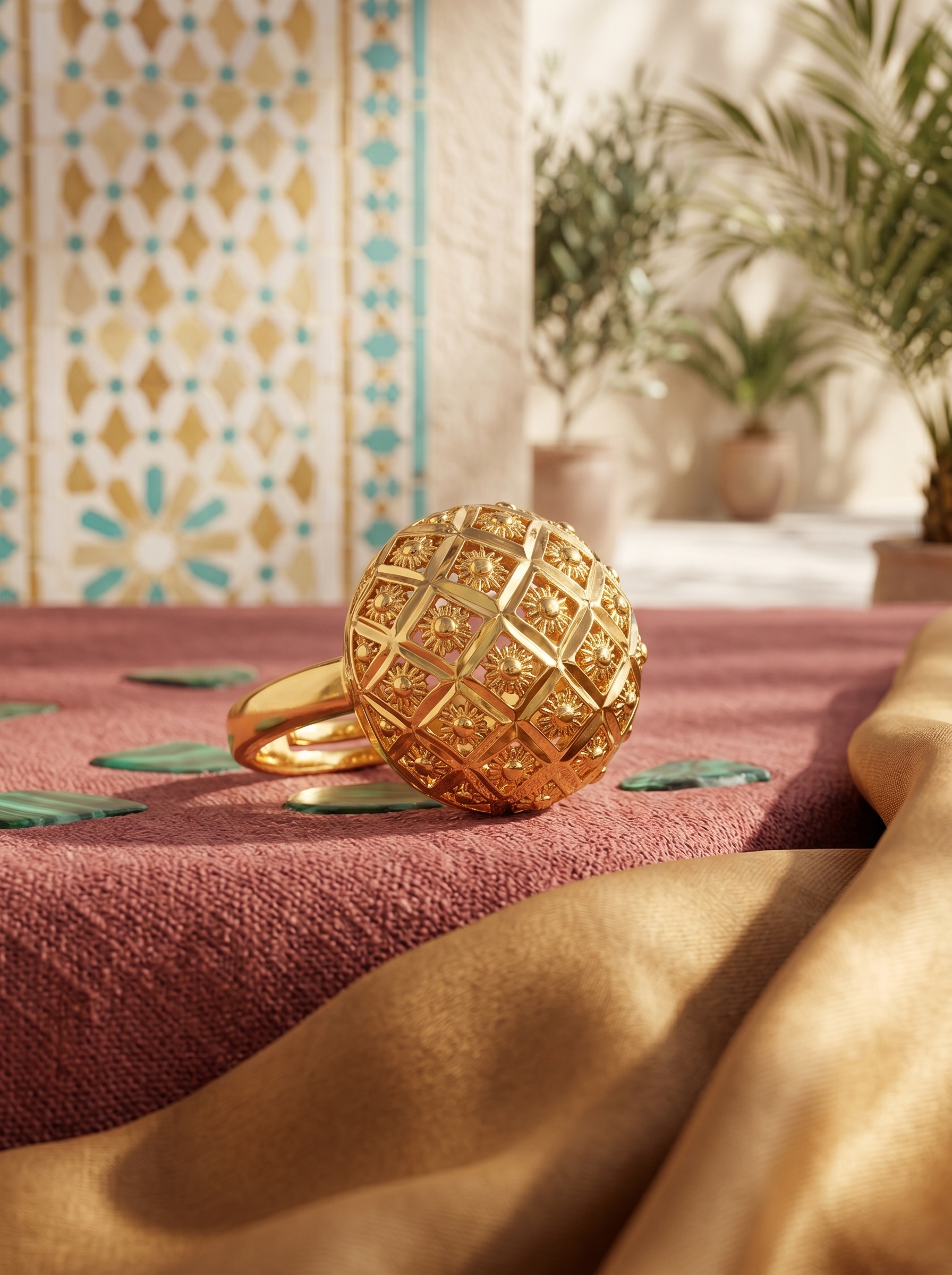 طقم مجوهرات بتصميم كروي من أقراط وسوار يد وخاتم وقلادة باللون الذهبي