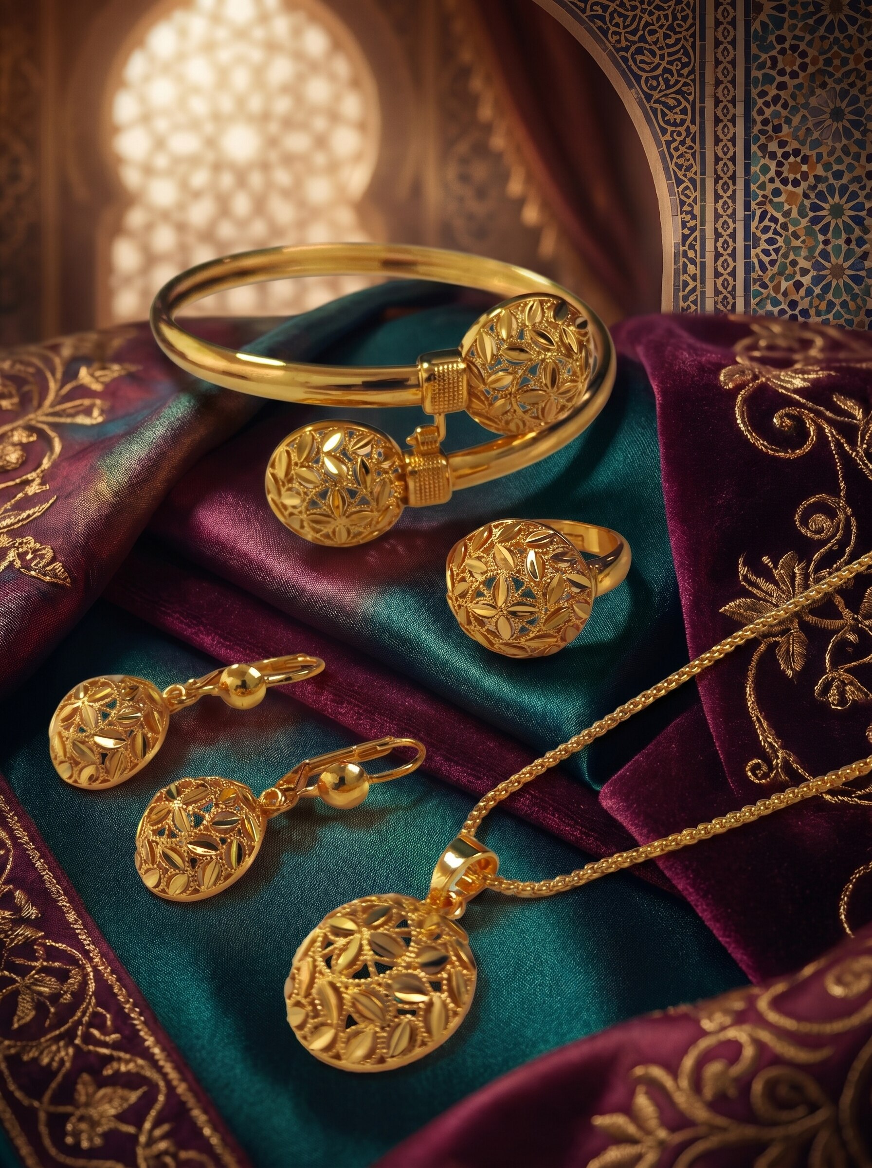 طقم مجوهرات بتصميم زهرة من أقراط وسوار يد وخاتم وقلادة باللون الذهبي 4 قطع