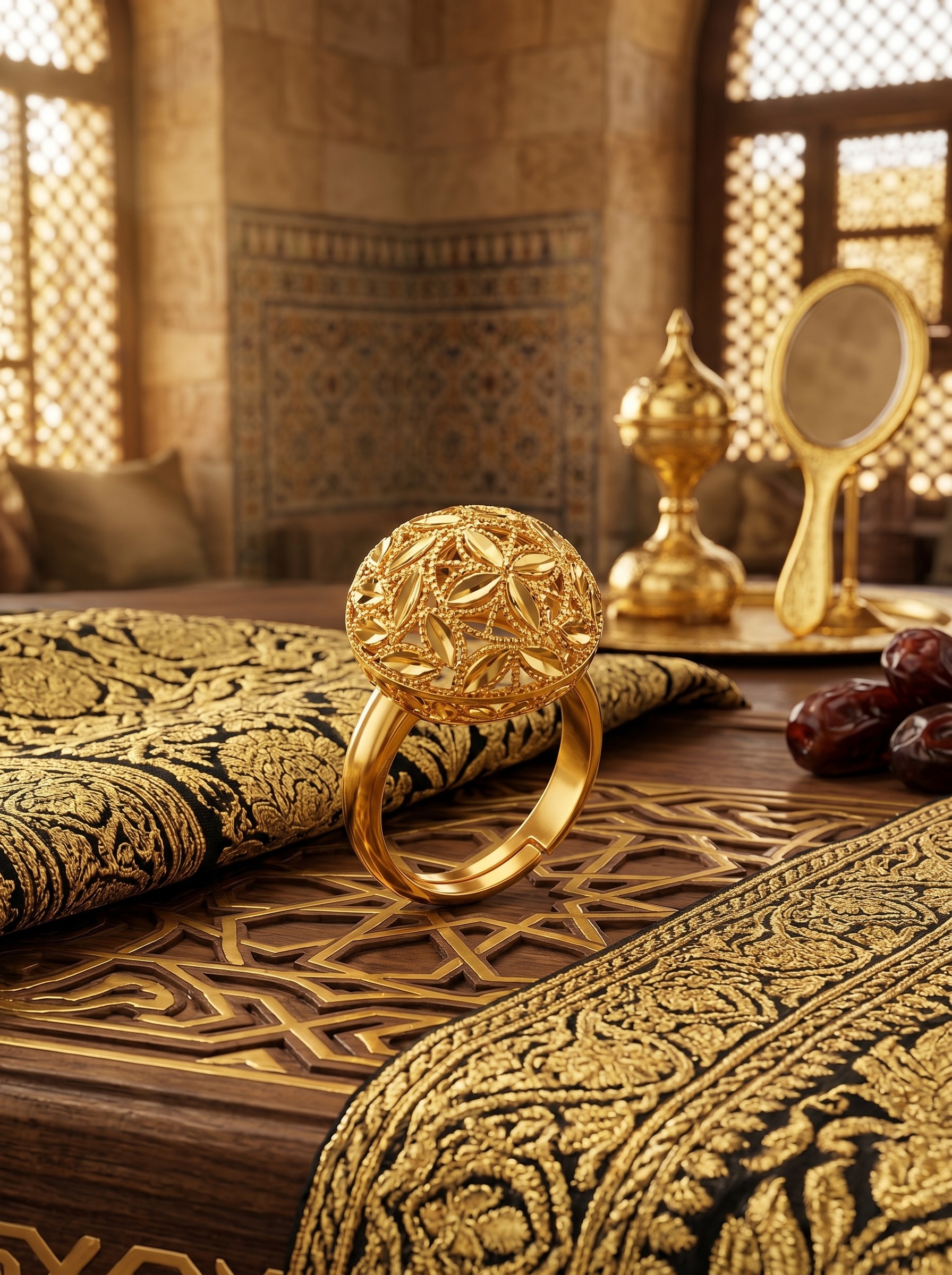 طقم مجوهرات بتصميم زهرة من أقراط وسوار يد وخاتم وقلادة باللون الذهبي 4 قطع