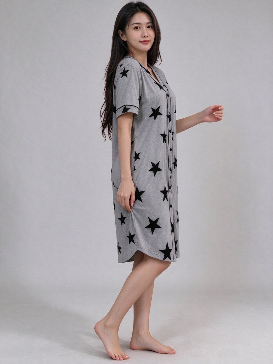 Star Print Button-Front Nightdress