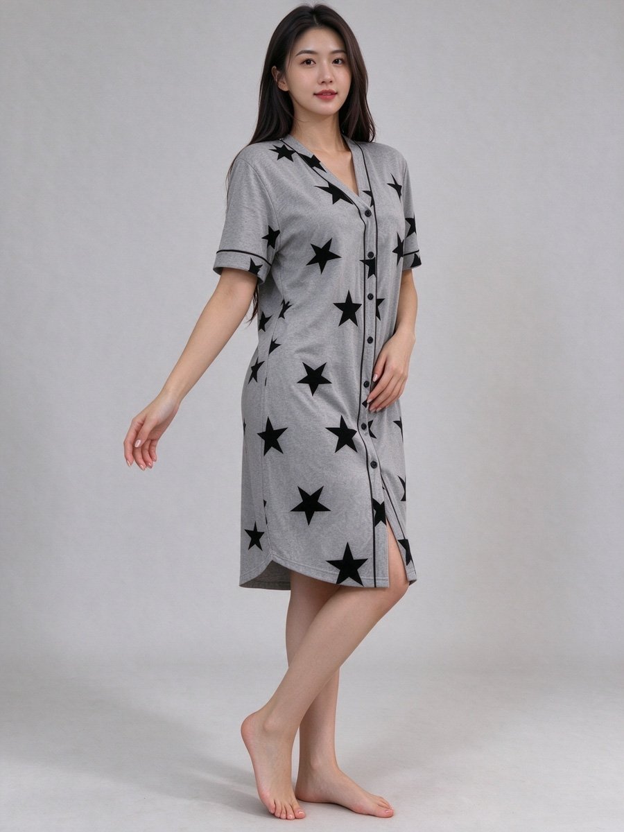 Star Print Button-Front Nightdress