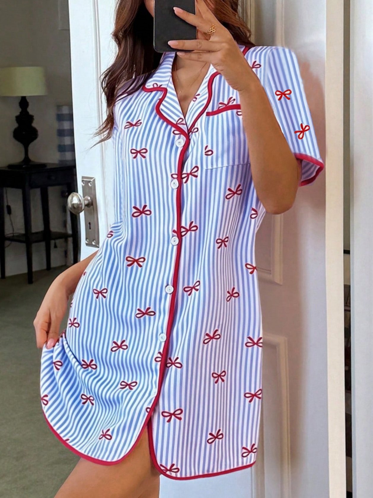 Multi-Color Striped Bow-Print Button-Front Nightdress