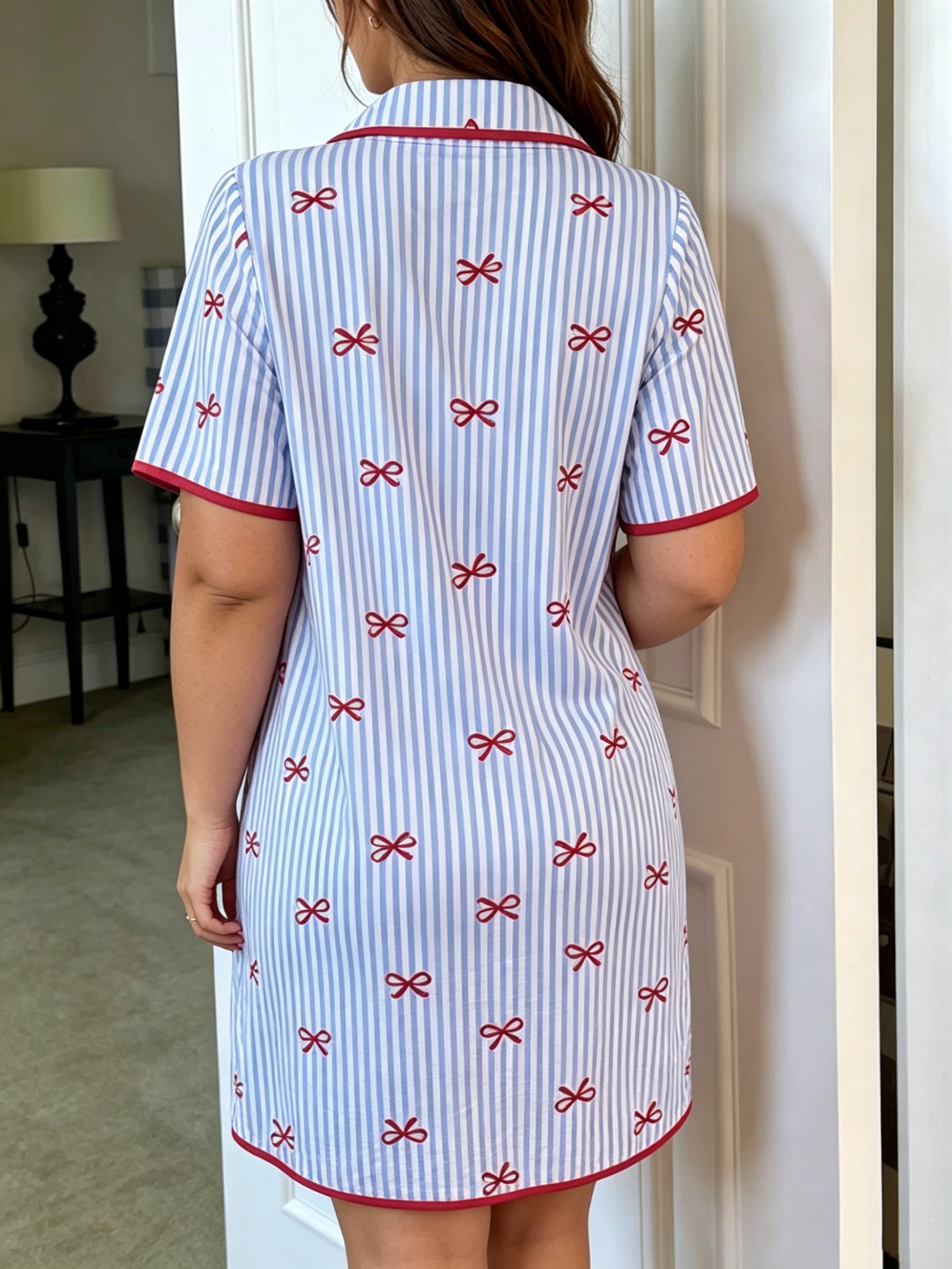 Plus Striped Bow Print Nightdress with Short Sleeve