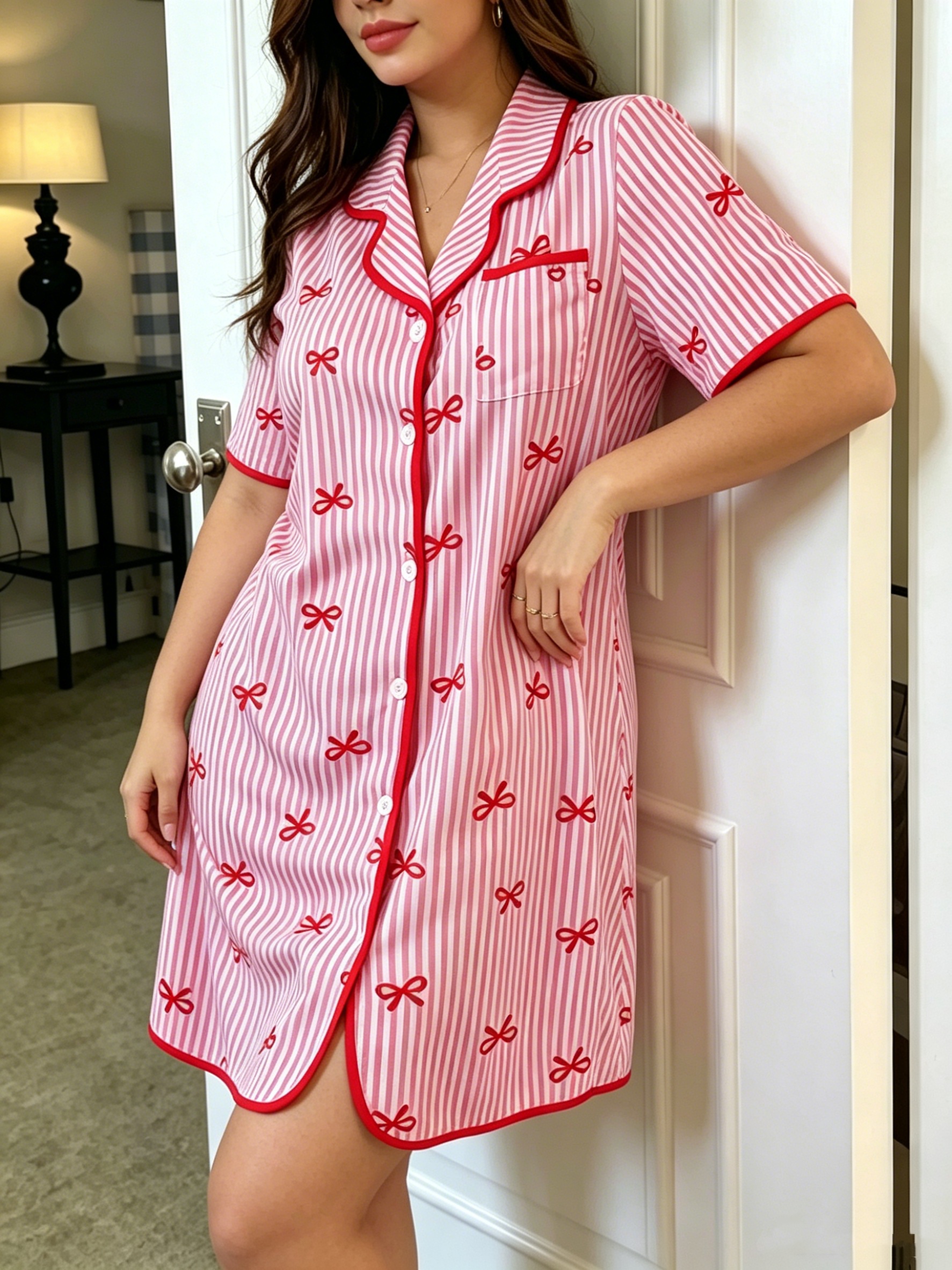 Plus Striped Bow Nightdress
