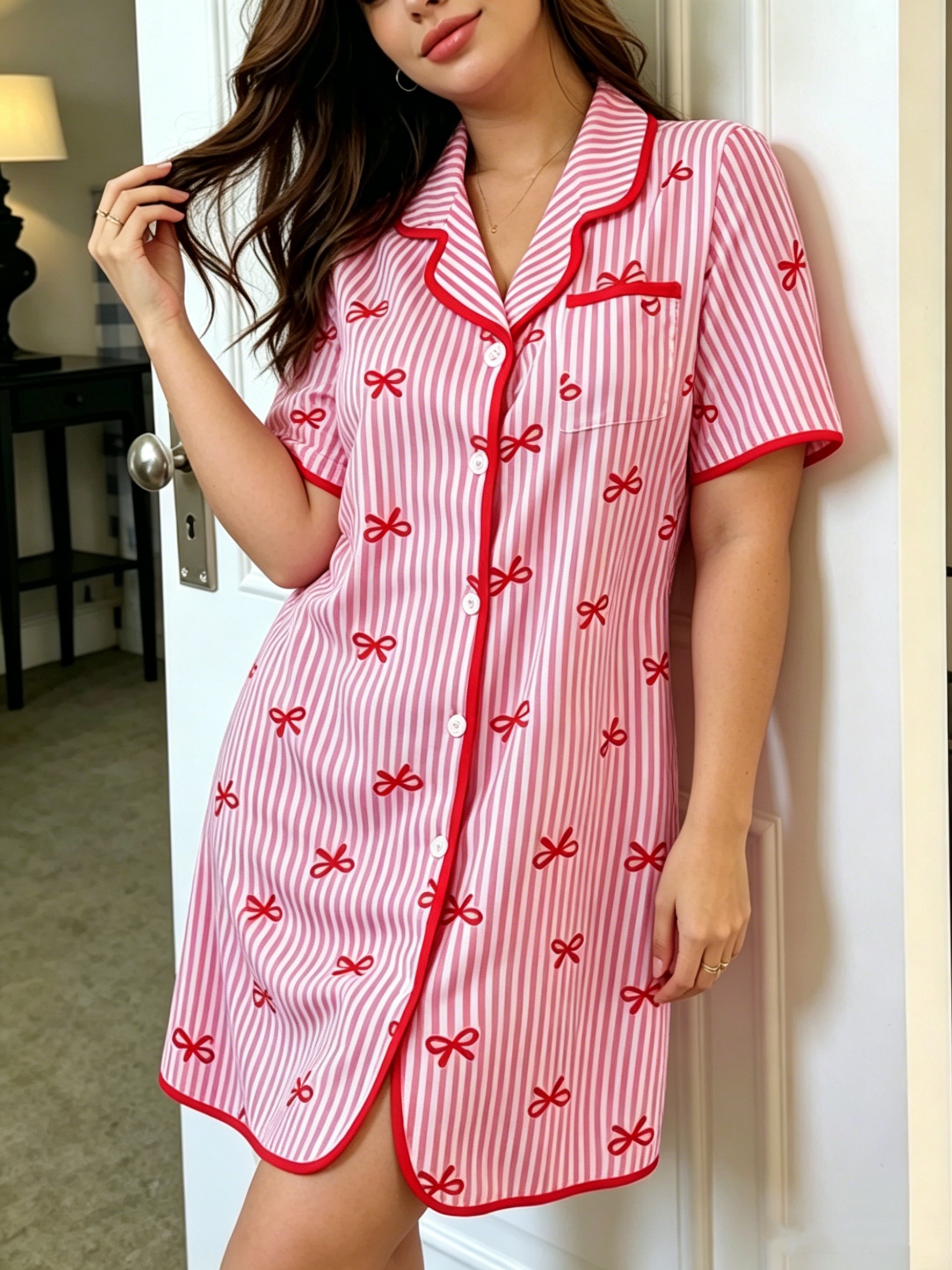 Plus Striped Bow Nightdress