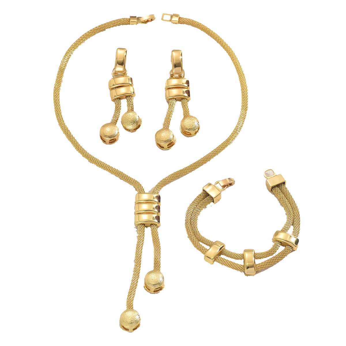 Gold Mesh Jewelry Set with Necklace, Earrings and Bracelet