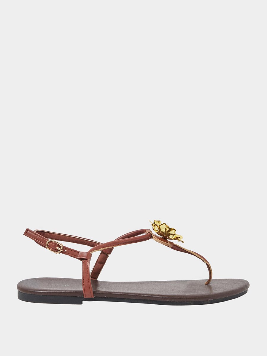 Gold Tone Flower Embellished Flat Sandals