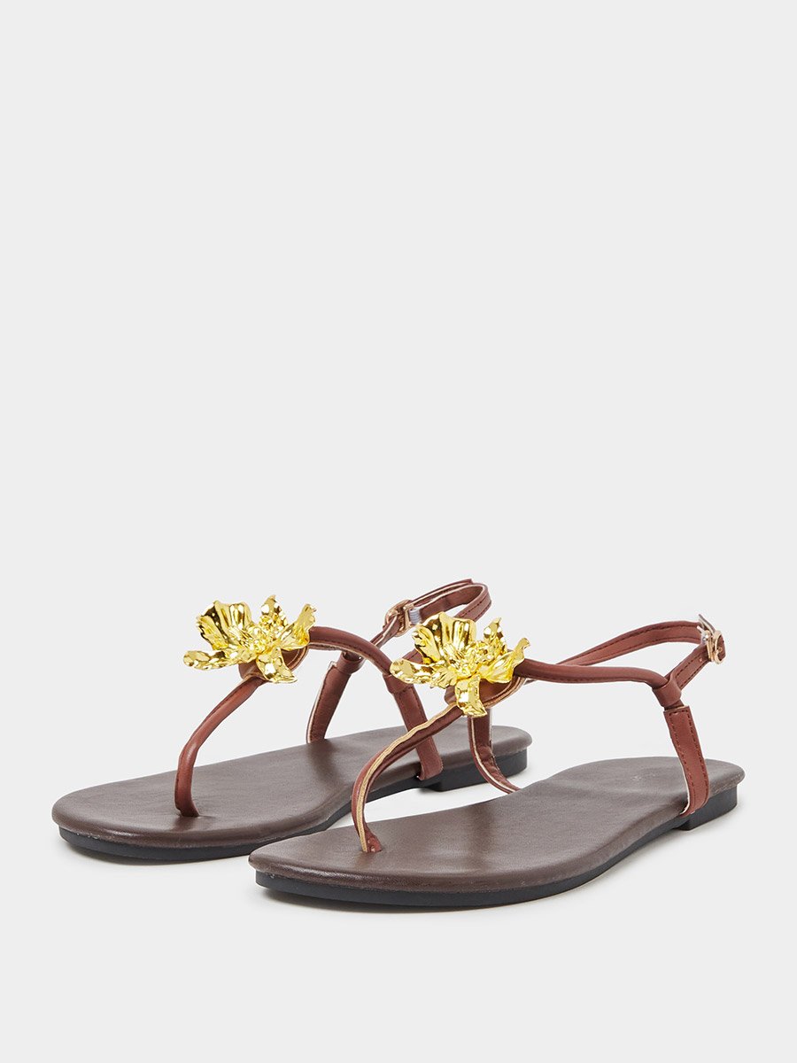 Gold Tone Flower Embellished Flat Sandals