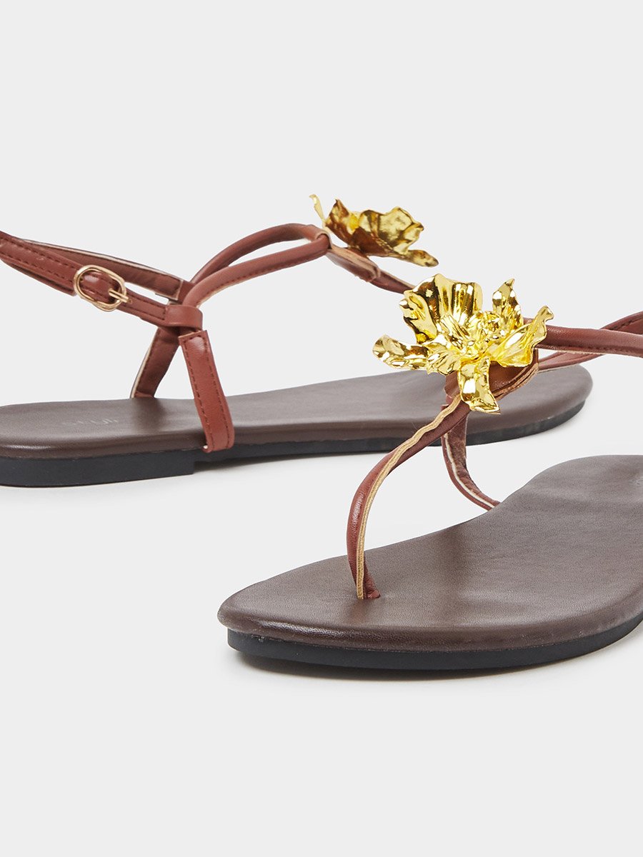 Gold Tone Flower Embellished Flat Sandals