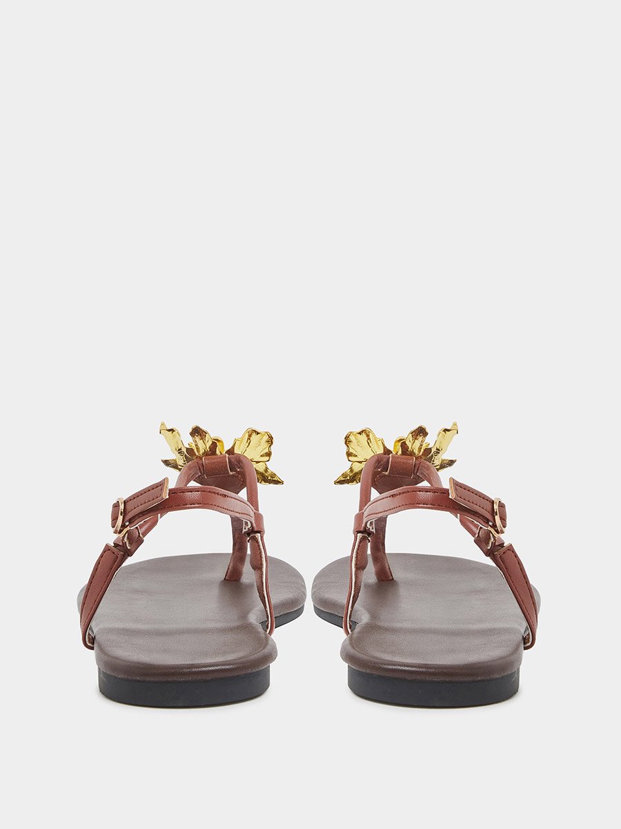 Gold Tone Flower Embellished Flat Sandals