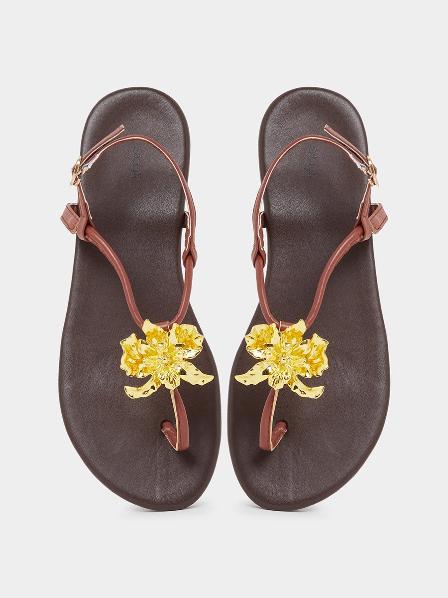 Gold Tone Flower Embellished Flat Sandals