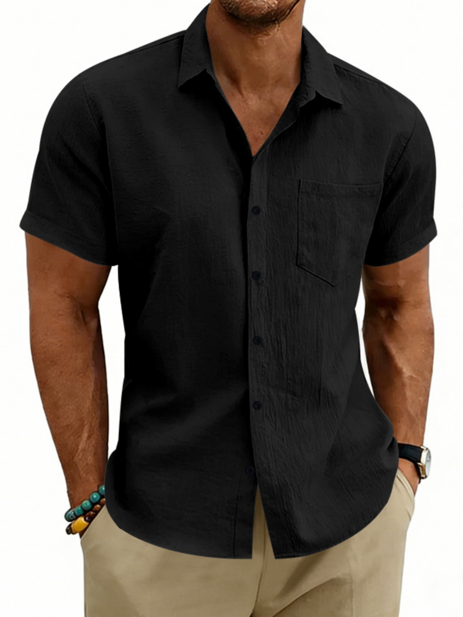 Men Solid Linen Short Sleeve Casual Shirt
