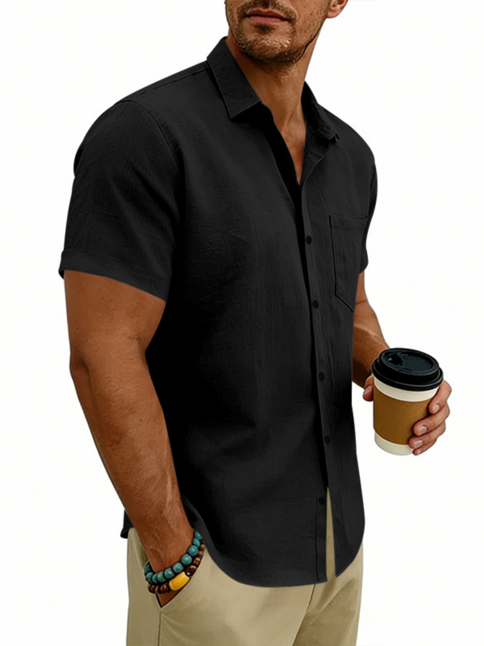 Men Solid Linen Short Sleeve Casual Shirt