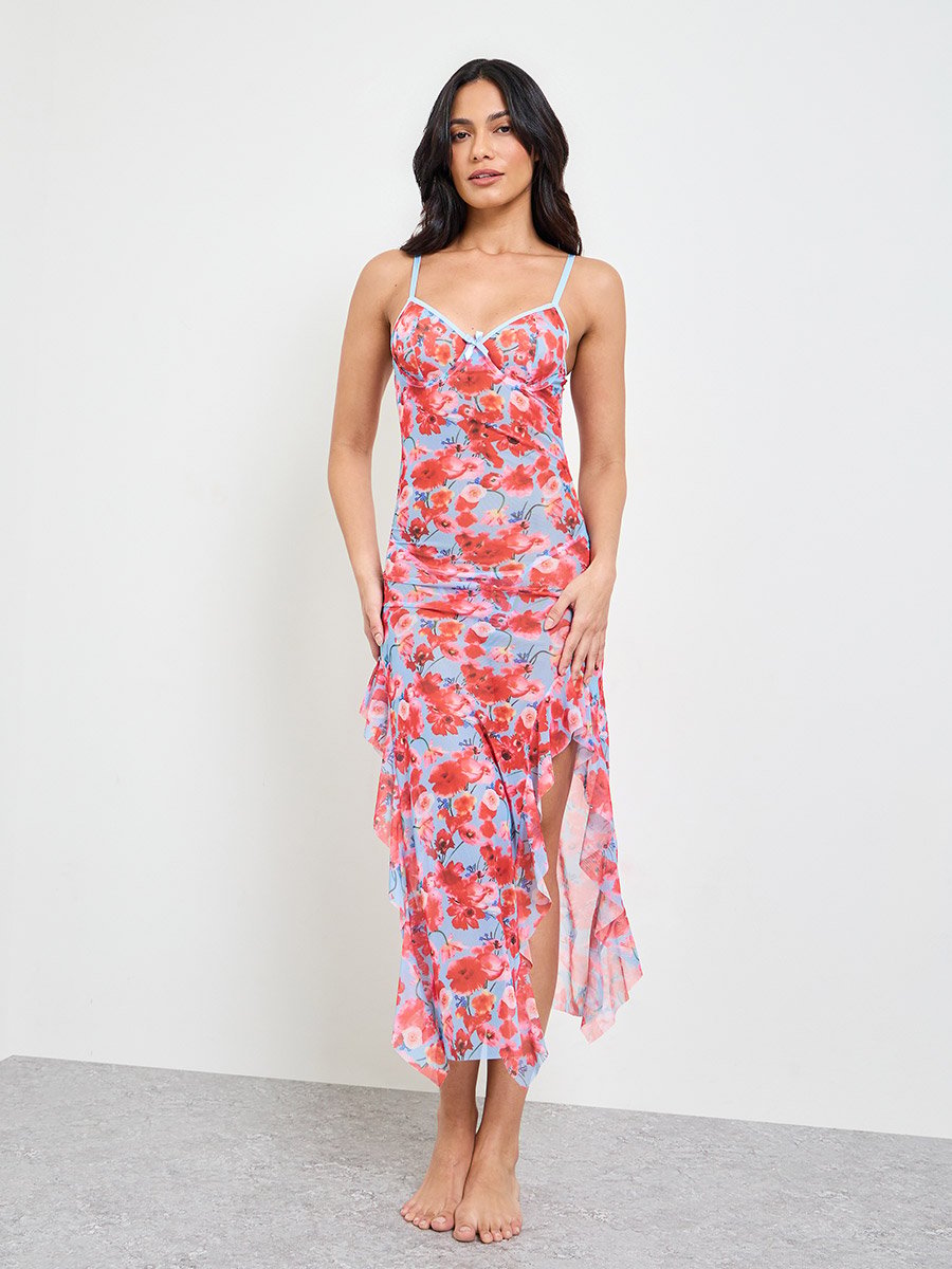 Red Floral Print Slip with Brief Set