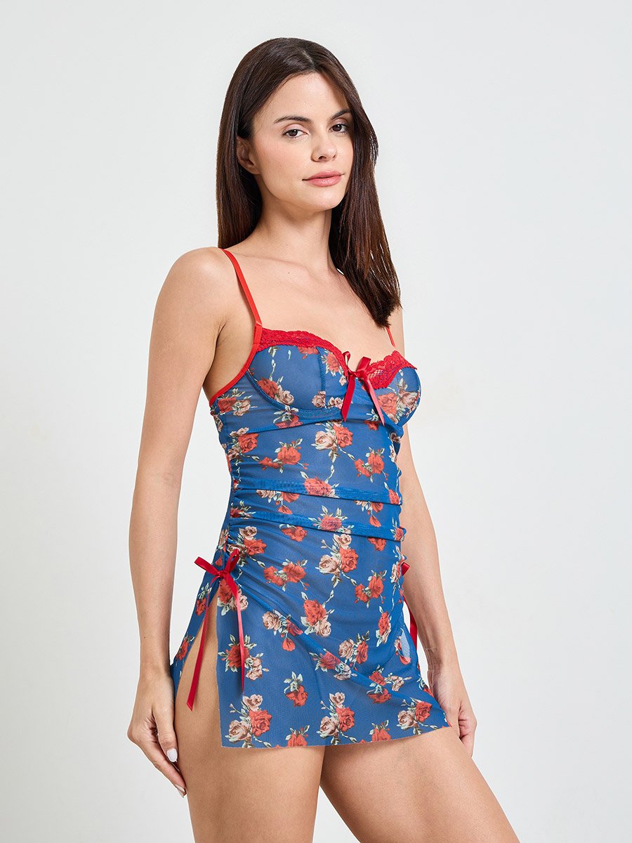 Blue Floral Mesh Babydoll