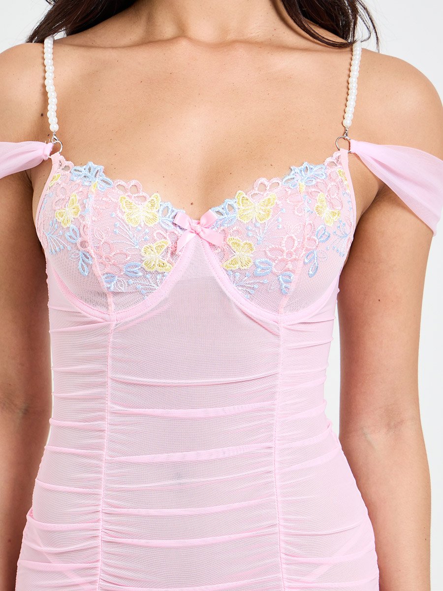 Pink Floral Mesh Slip with Pearl Straps and Brief Set