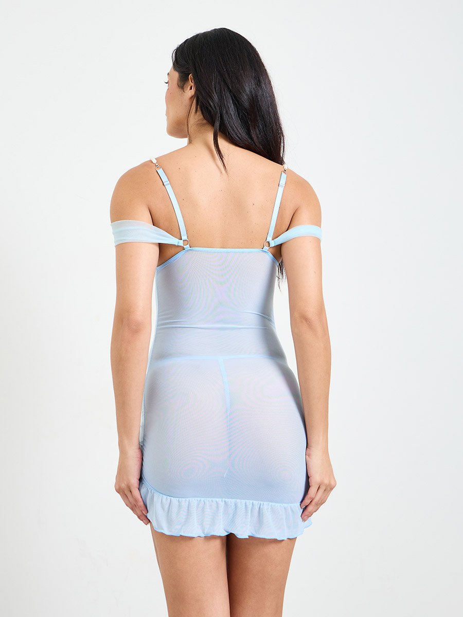 Blue Floral Mesh Slip with Pearl Straps and Brief Set