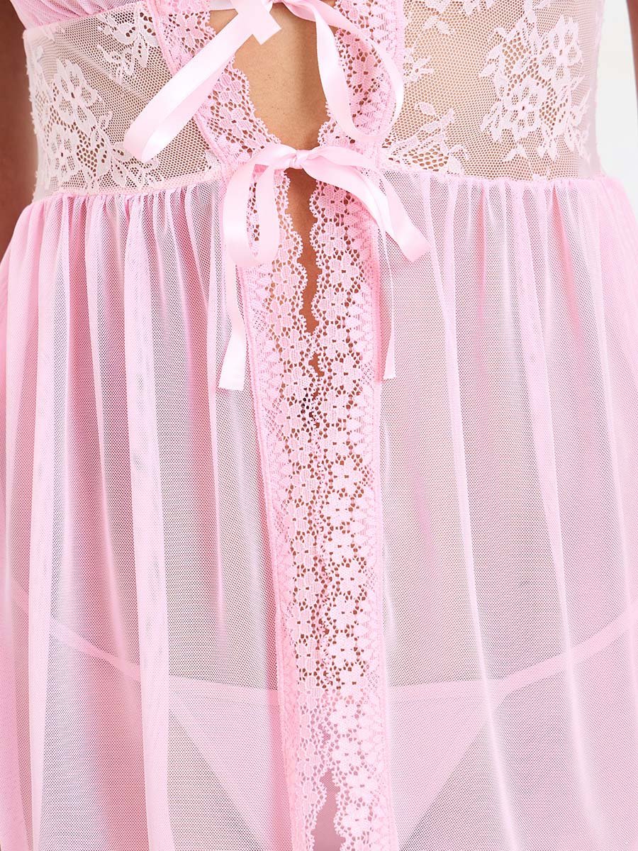 Pink Sheer Lace Trim Babydoll with Brief Set
