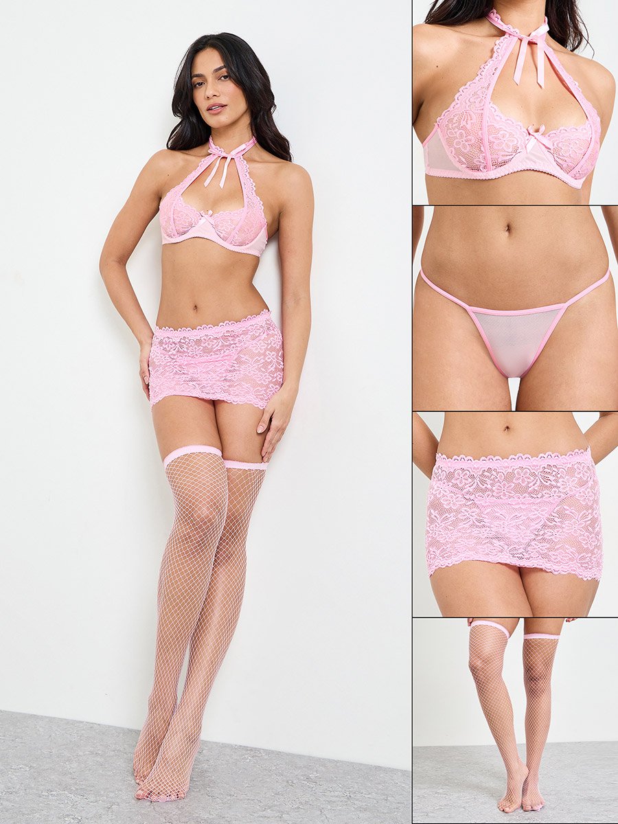 Pack of 4 - Pink Lace Halter Bra, Skirt, Stockings and Thong Lingerie Set