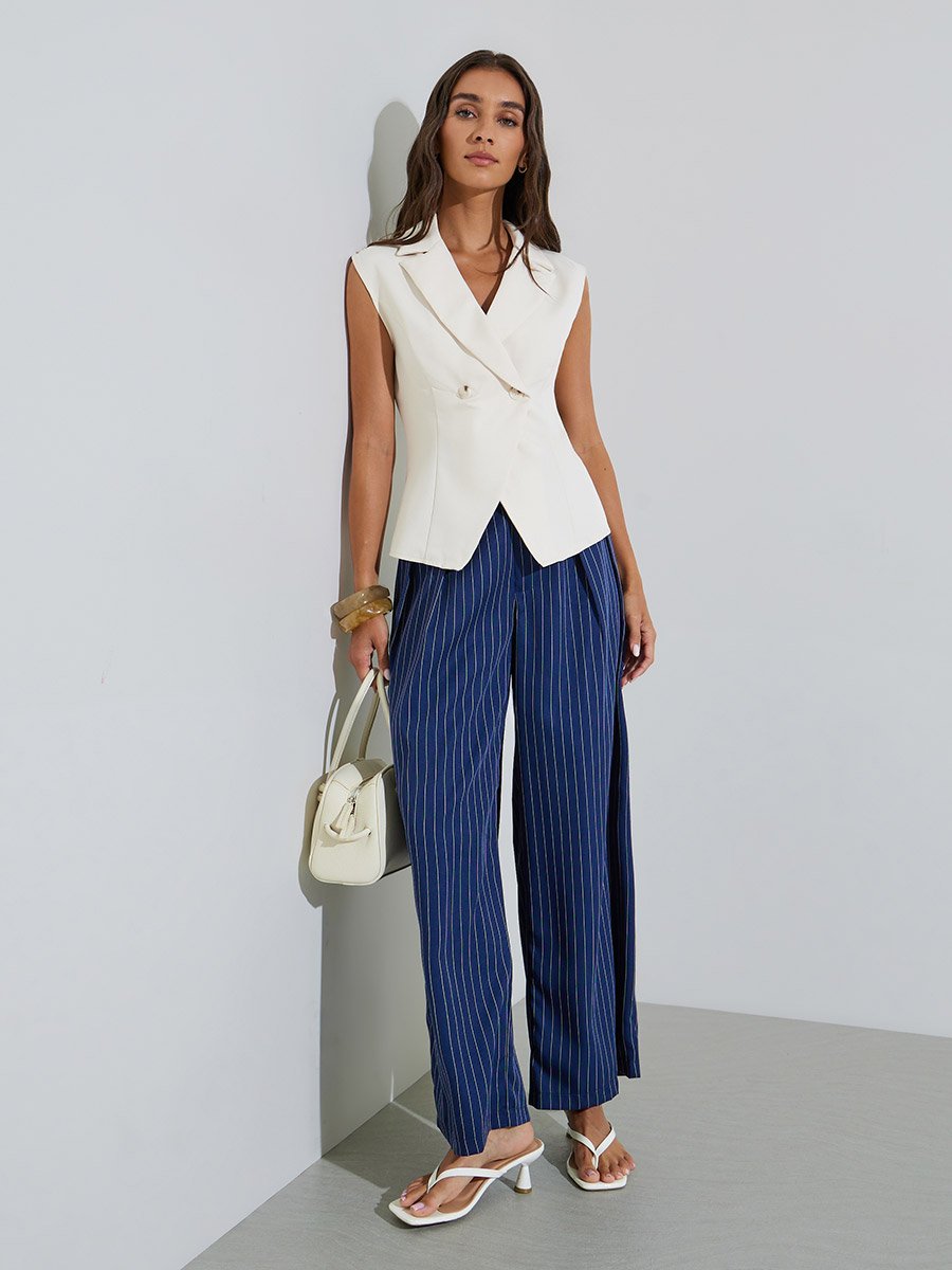 Beige Solid Double-Breasted Casual Waistcoat