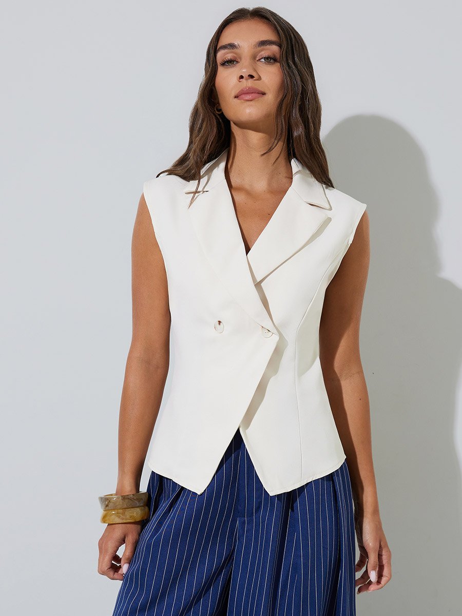 Beige Solid Double-Breasted Casual Waistcoat