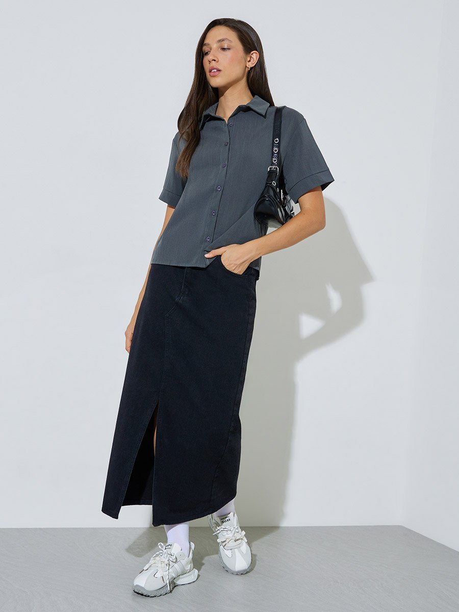 Grey Regular Fit Short Sleeve Button-Up Shirt